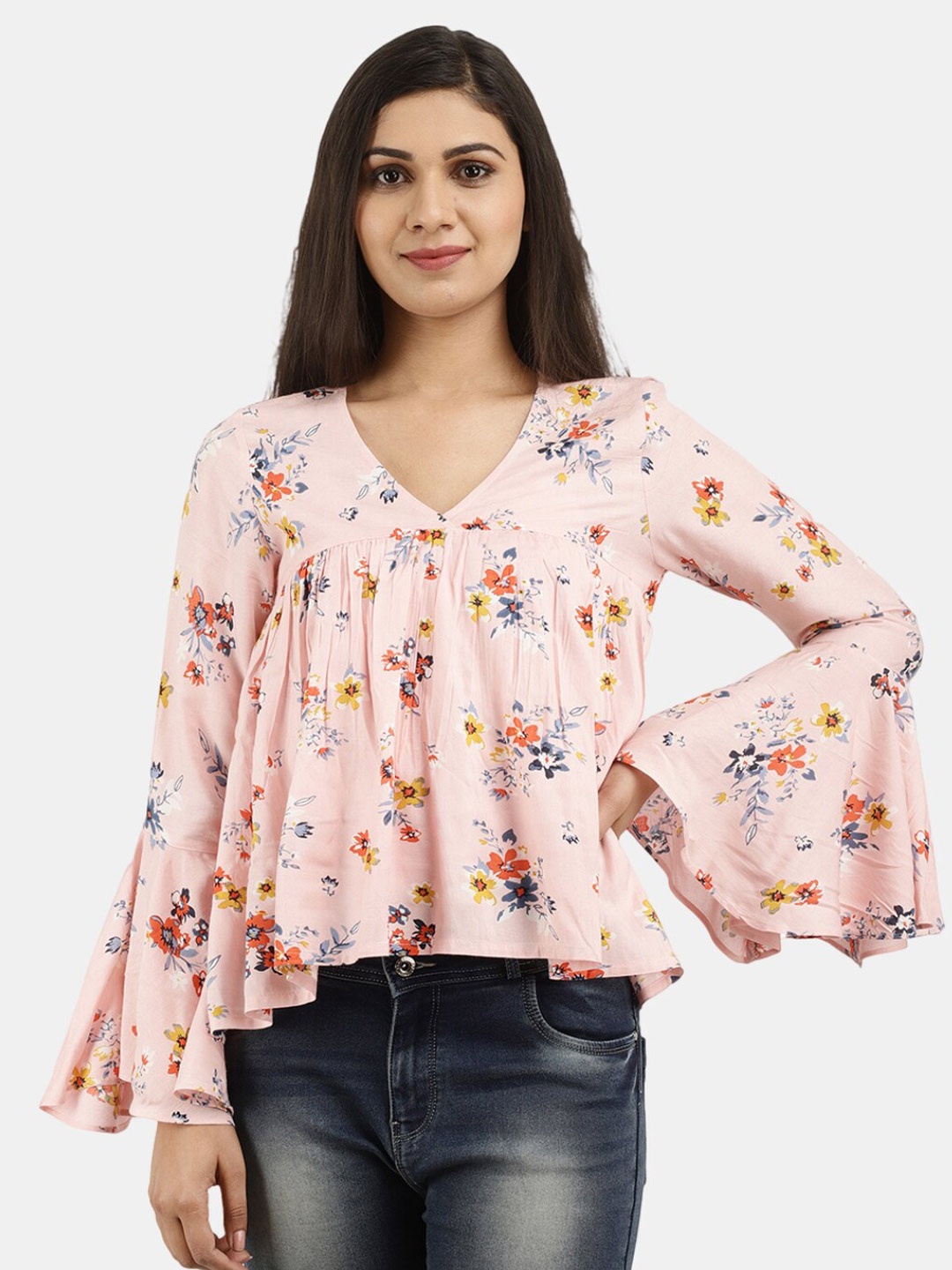 

V-Mart Women Western Light Pink Floral Print Peplum Top