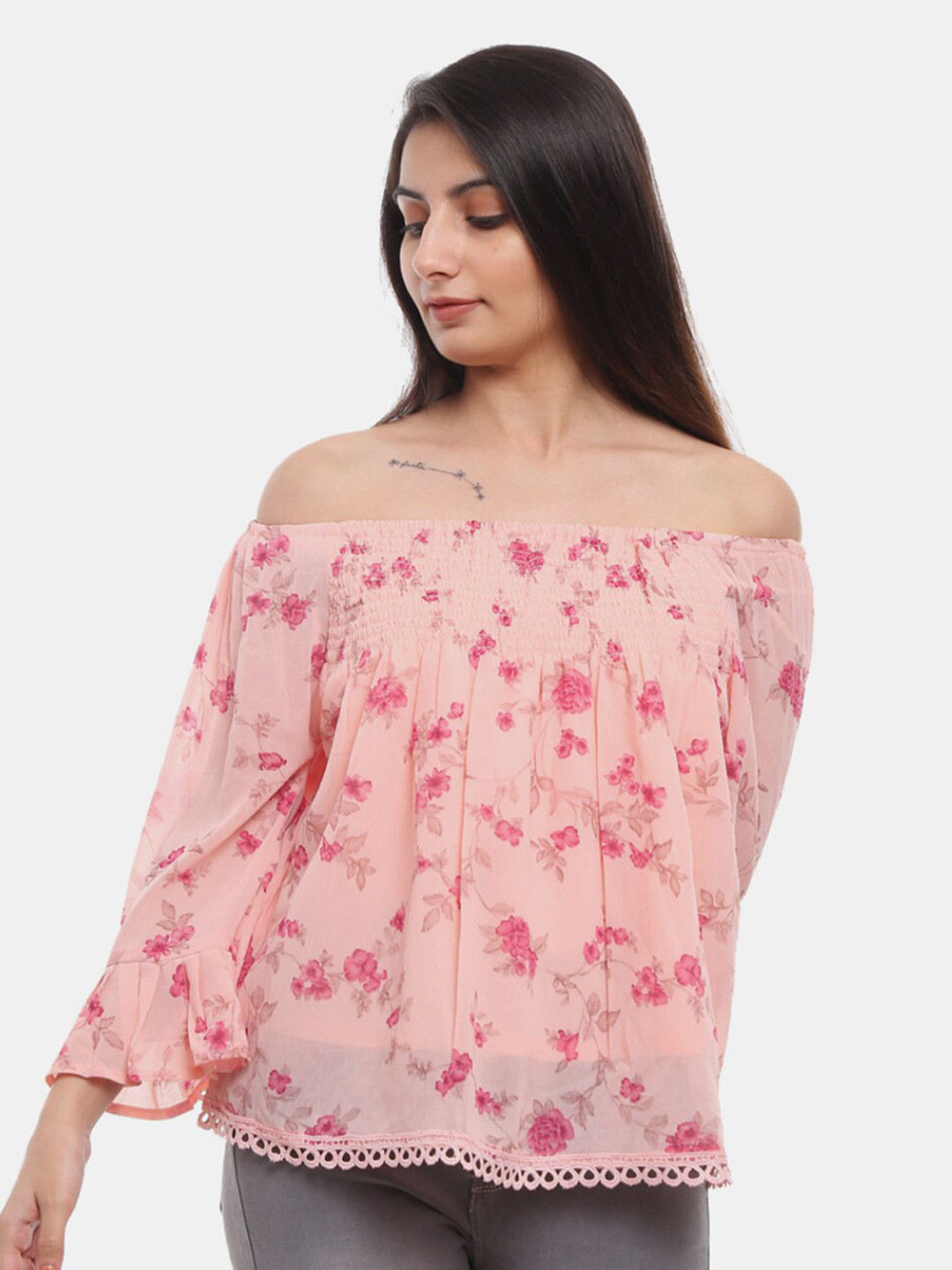 

V-Mart Women Peach-Coloured Floral Print Off-Shoulder Bardot Top