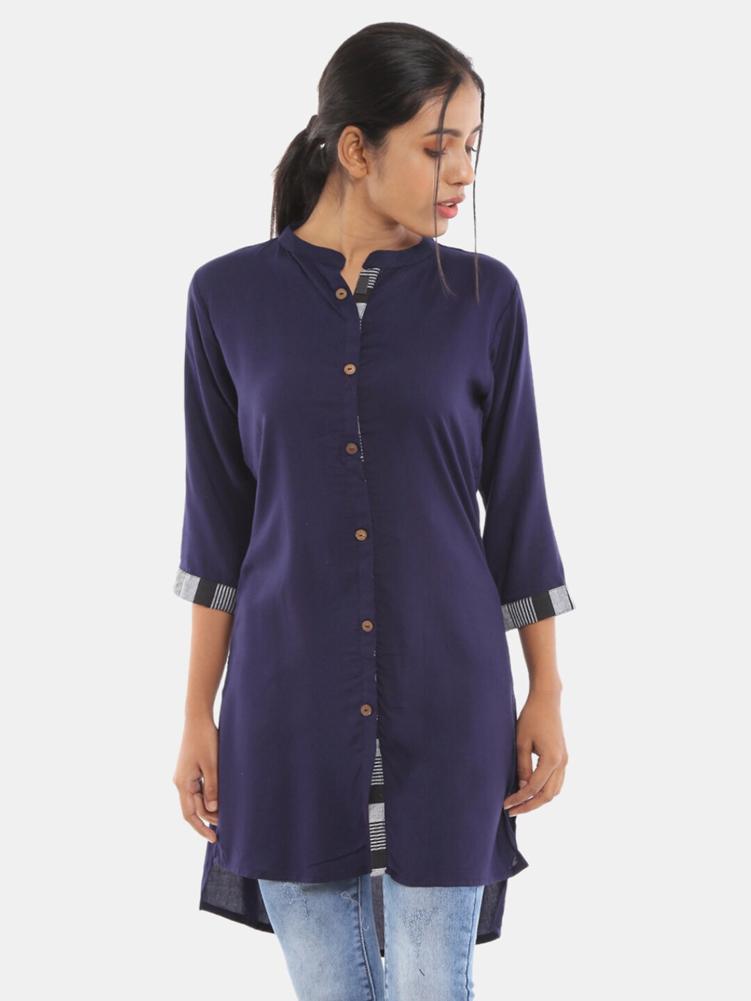 

V-Mart Women Navy Blue Mandarin Collar High-Low Hemline Shirt Style Top