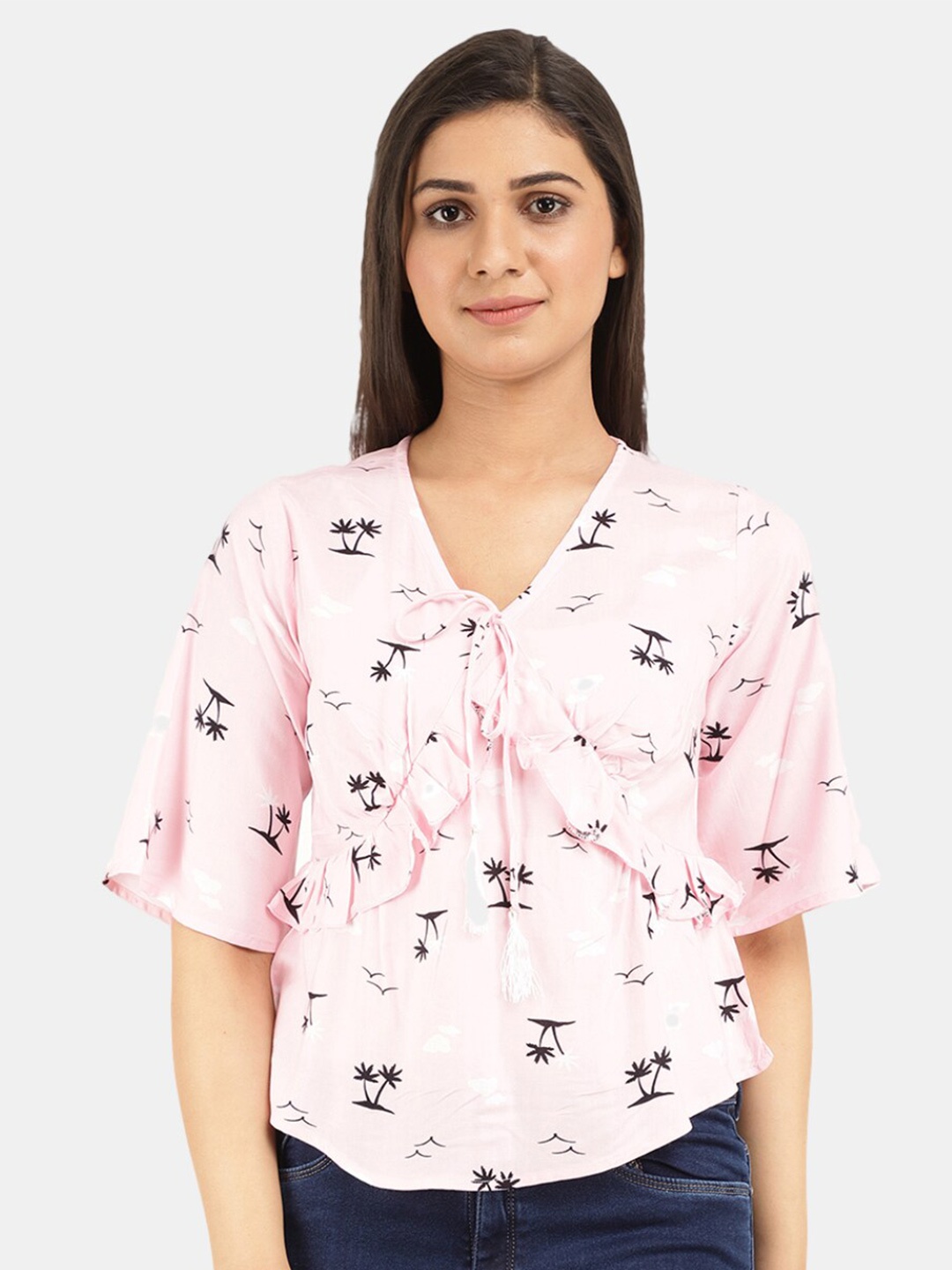 

V-Mart Women Light Pink Floral Print Tie-Up Neck Top