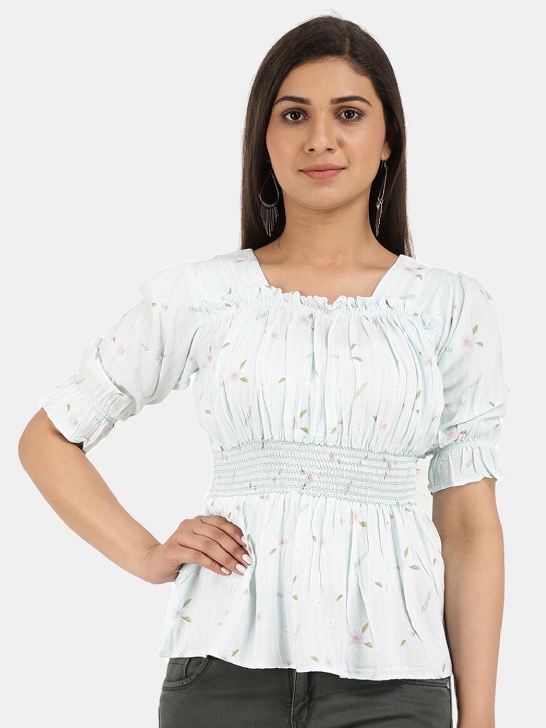 

V-Mart Women Green Floral Print Cinched Waist Top