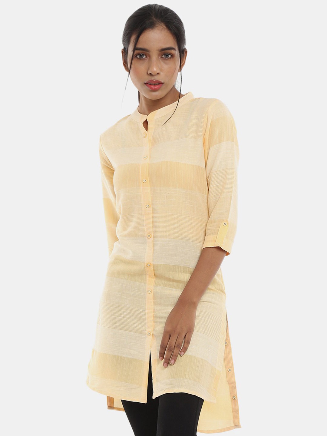 

V-Mart Women Yellow Striped Mandarin Collar High-Low hemline Shirt Style Top