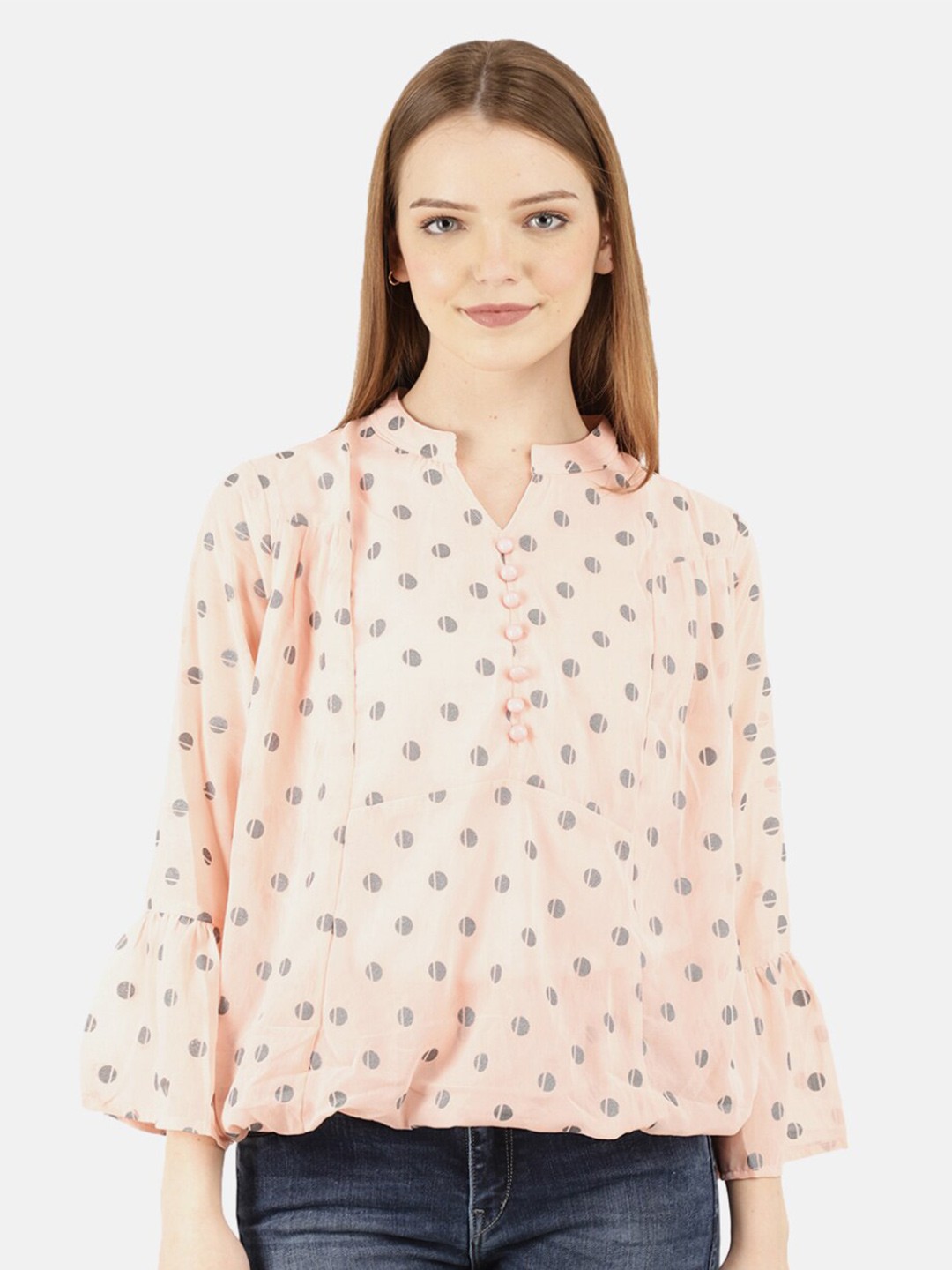 

V-Mart Women Pink Geometric Print Mandarin Collar Blouson Top