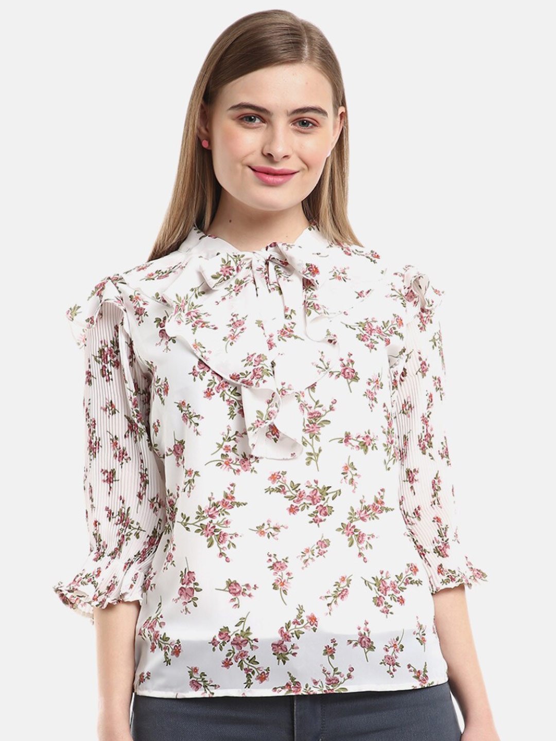 

V-Mart Women White Floral Print Tie-Up Neck Top