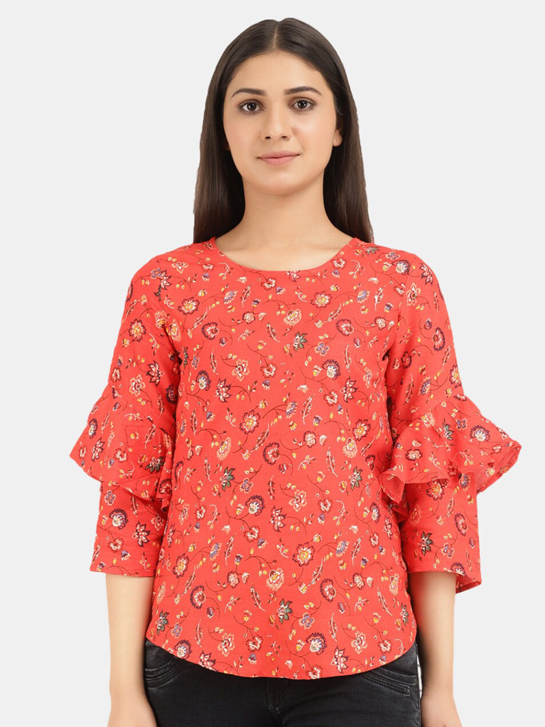 

V-Mart Women Coral Floral Print Round Neck Top, Multi