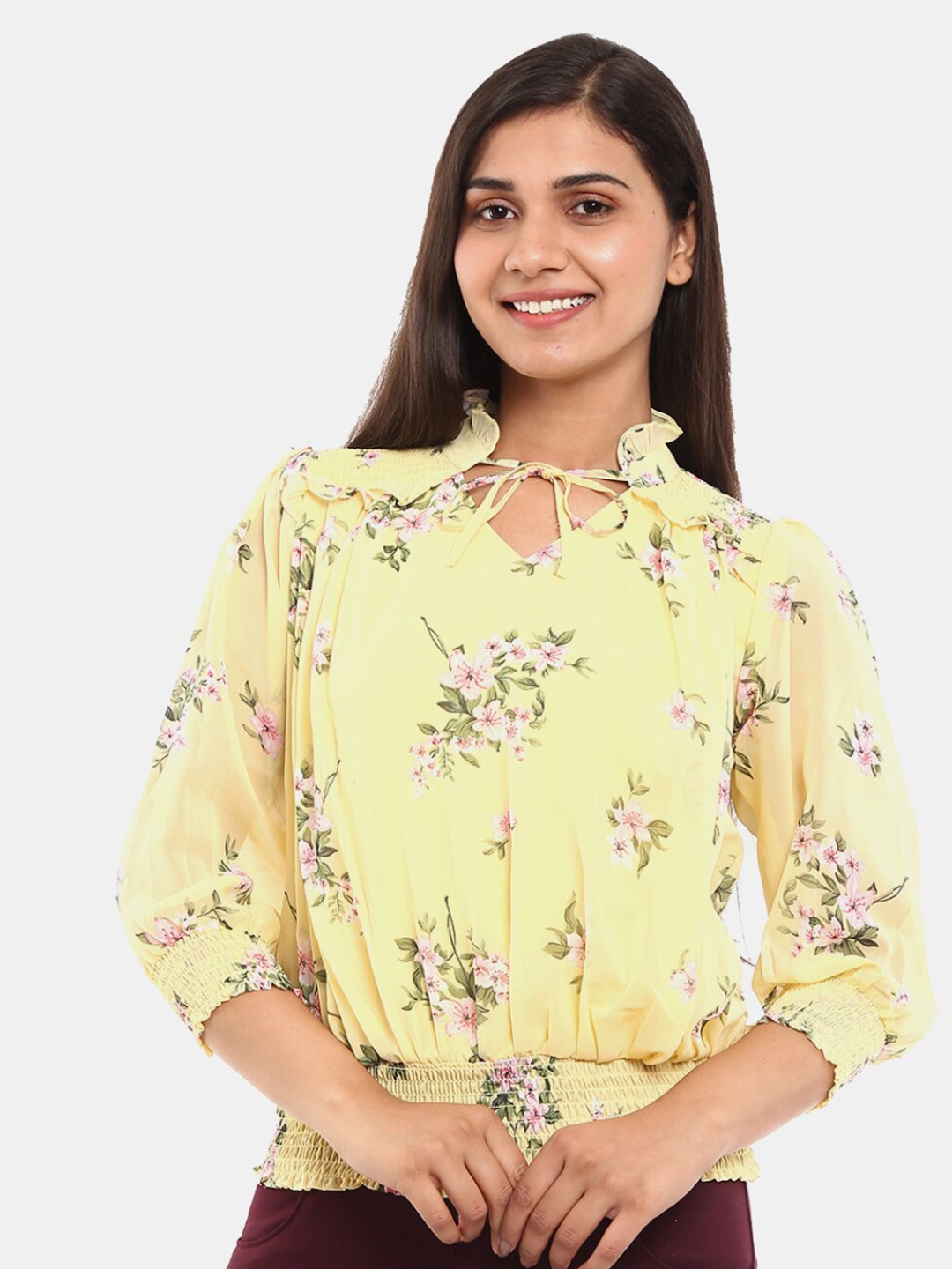 

V-Mart Women Western Yellow Floral Print Tie up Neck Blouson Top