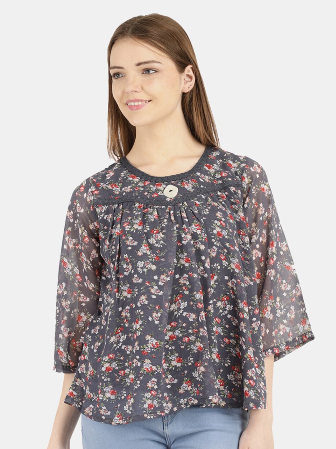 

V-Mart Women Grey Floral Print Round Neck Top