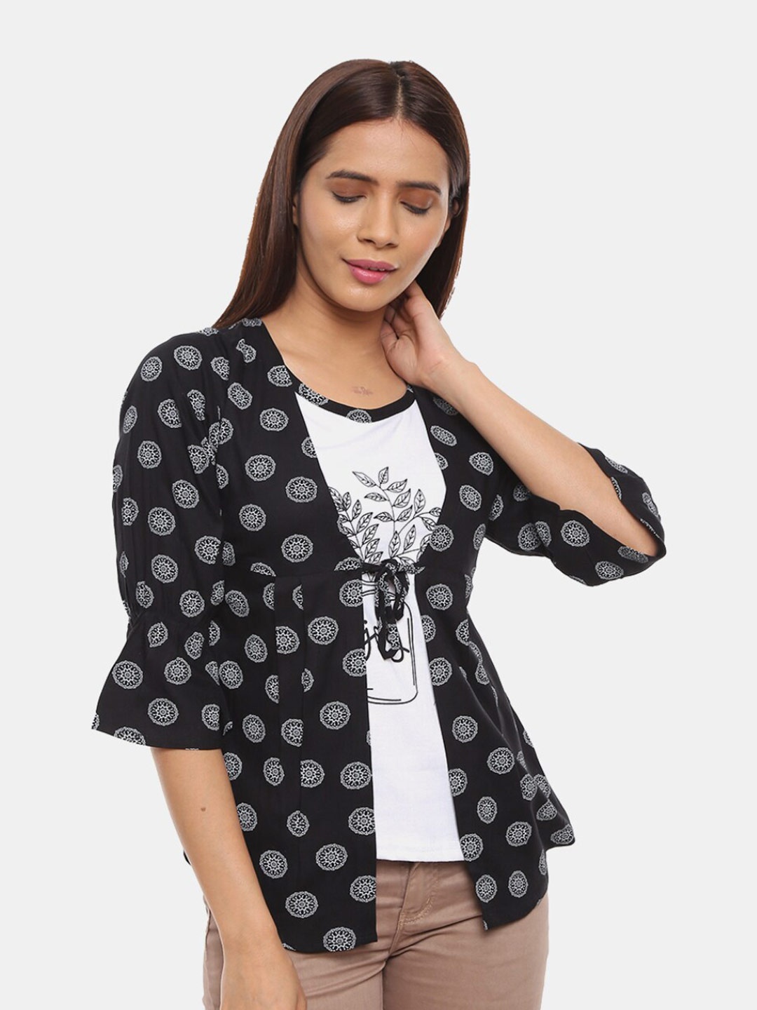 

V-Mart Women Western Black Print Tie Up Top