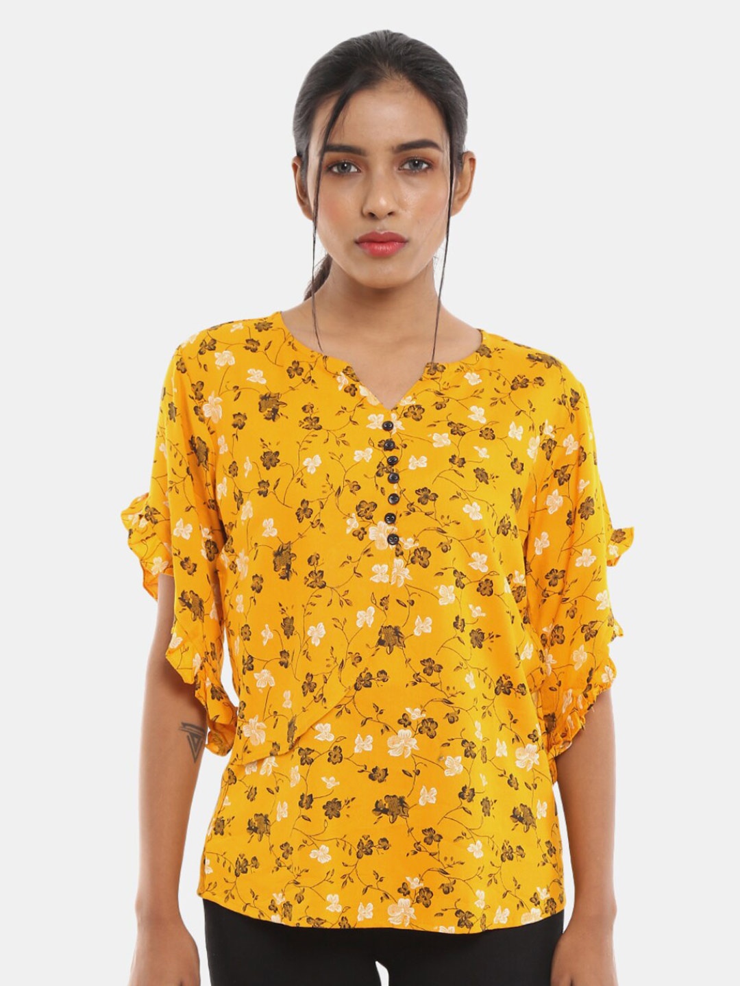 

V-Mart Women Western Mustard Yellow Floral Print Flutter Sleeves Top