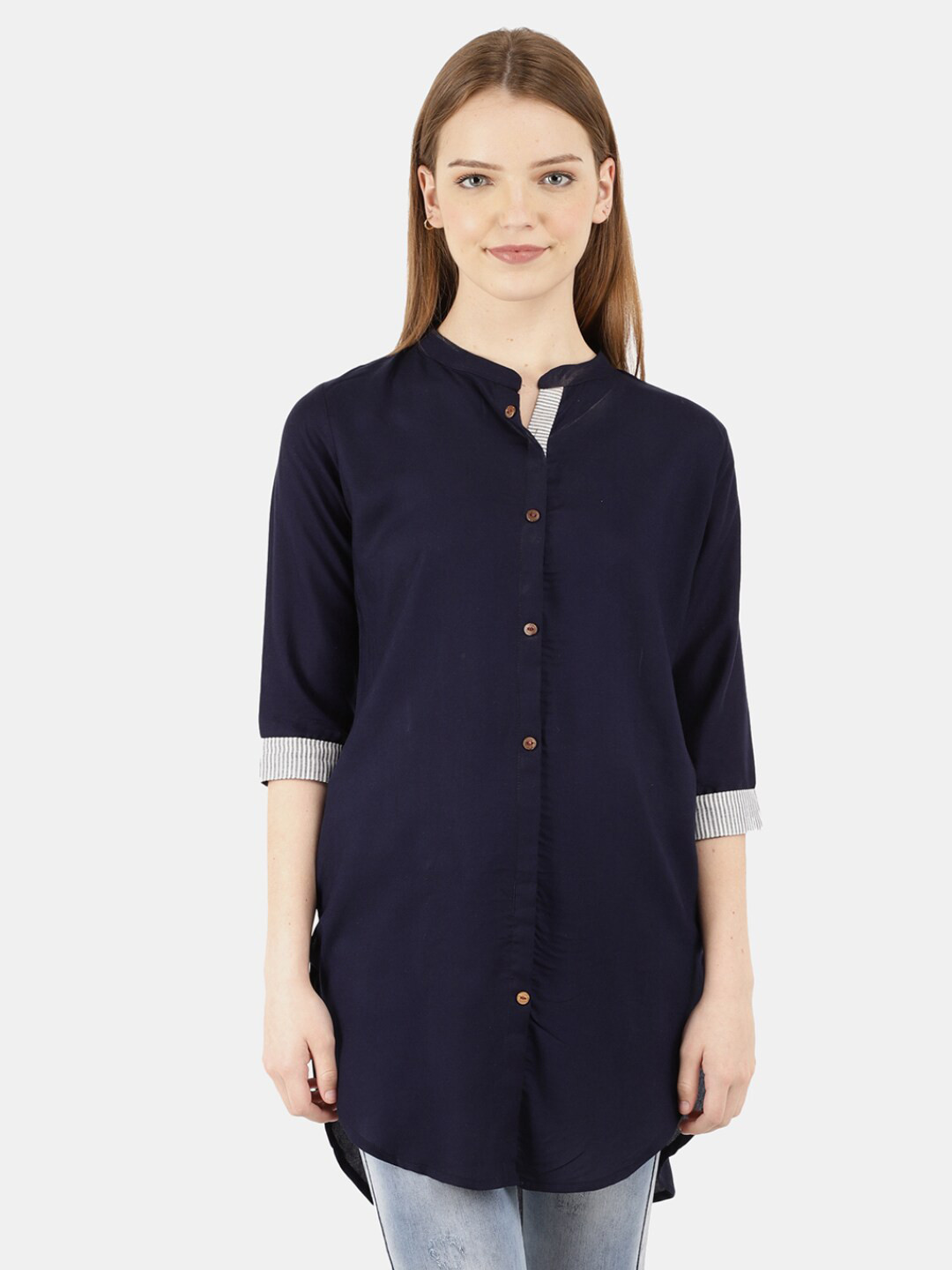 

V-Mart Women Western Solid Navy Blue Mandarin Collar Shirt Style High-Low Top
