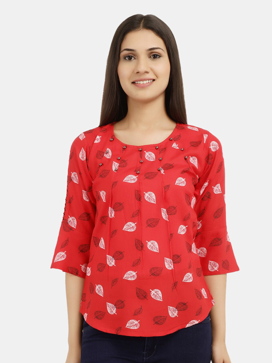 

V-Mart Women Western Red Leaf Printed Round Neck Top
