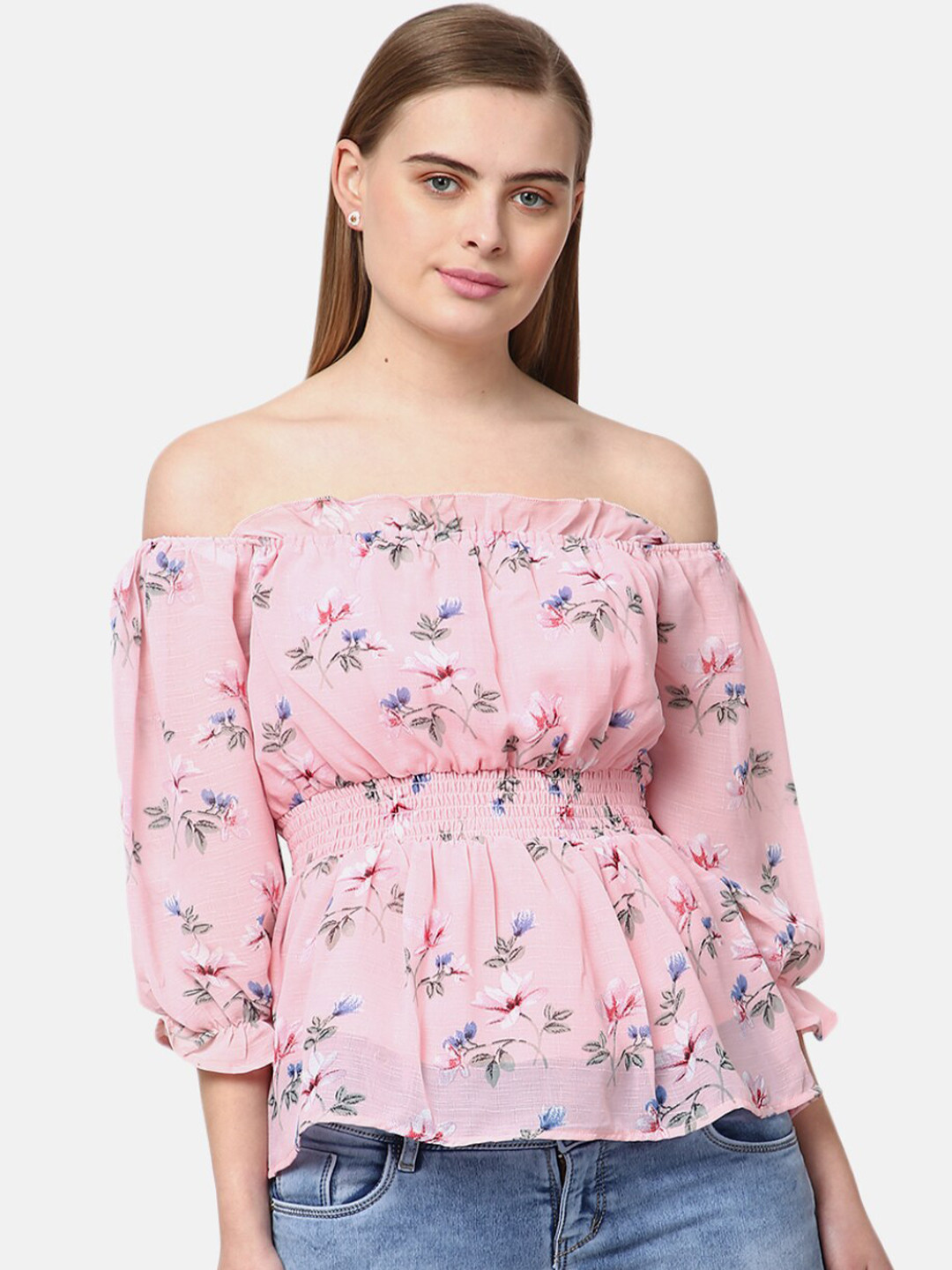 

V-Mart Women Western Peach-Coloured Floral Print Off-Shoulder Bardot Top