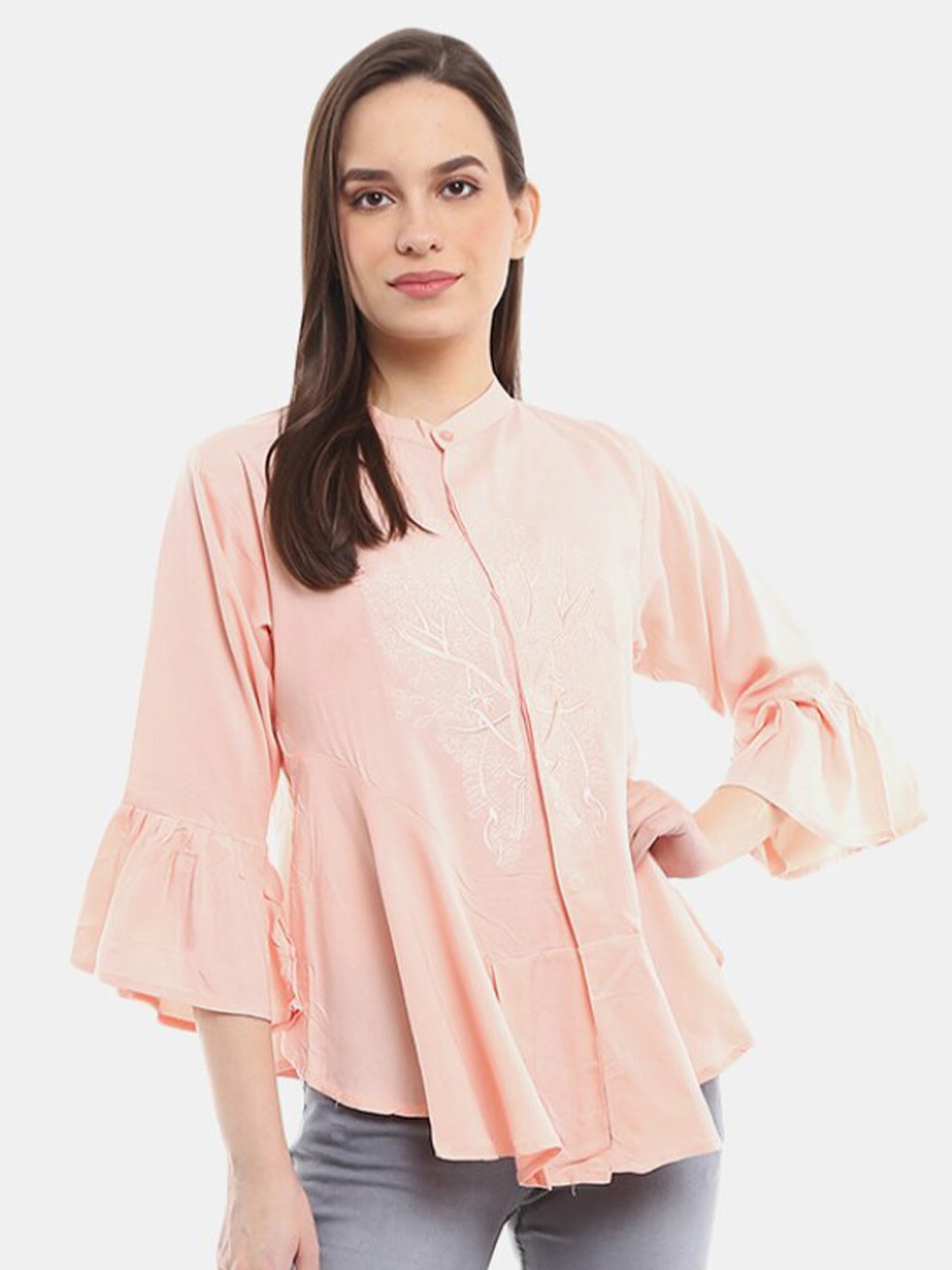 

V-Mart Women Western Sea Green Mandarin Collar Embroidered A line Top