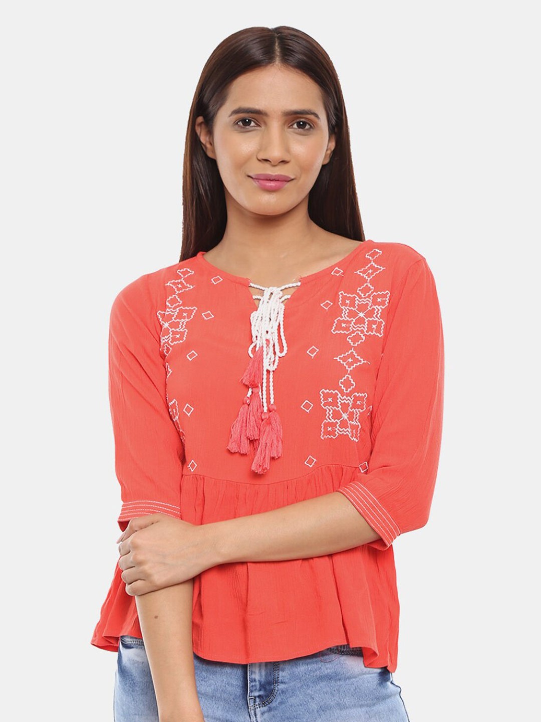 

V-Mart Women Western Solid Red Embroidered Tie-Up Neck Top