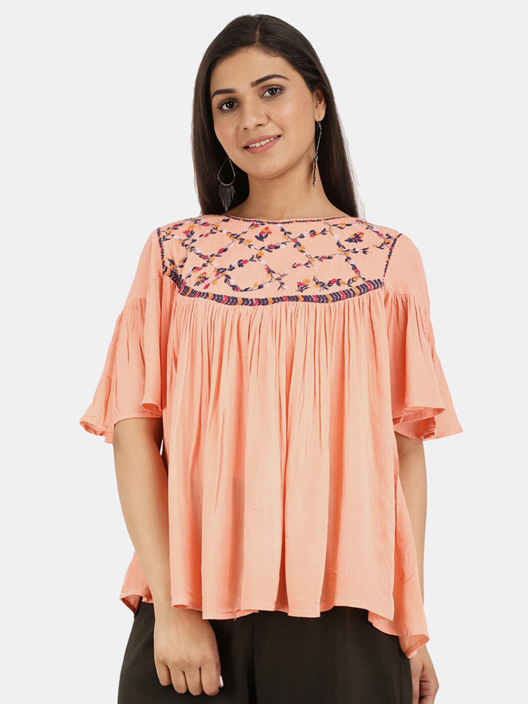

V-Mart Women Peach-Coloured & Violet Floral Embroidered Top