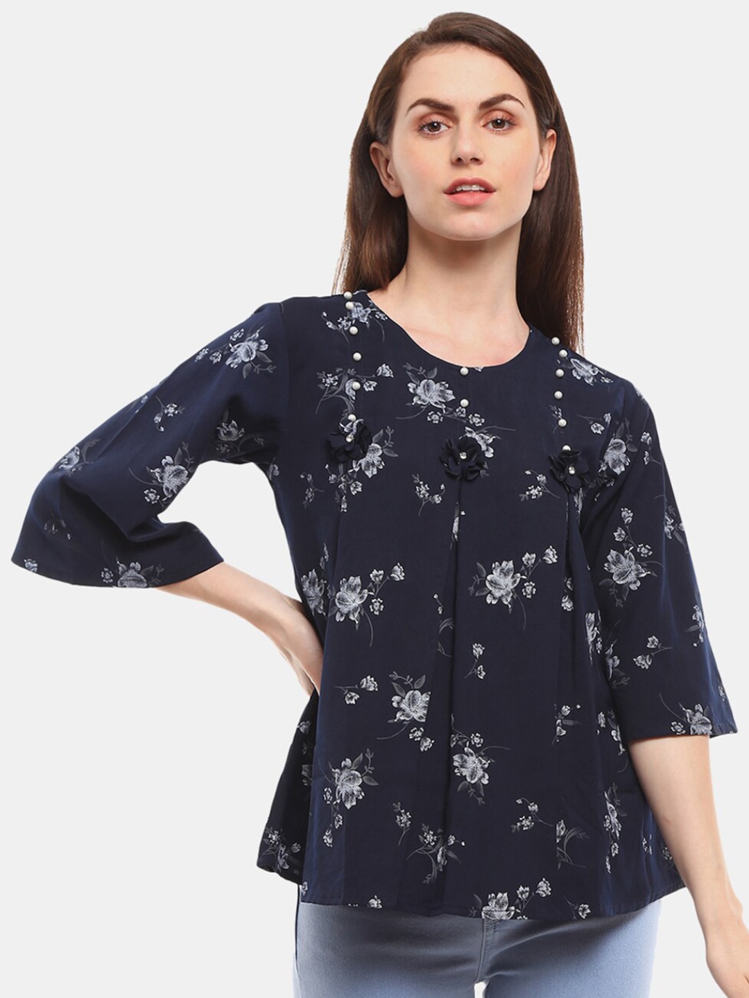 

V-Mart Women Western Blue Floral Print Round Neck Top