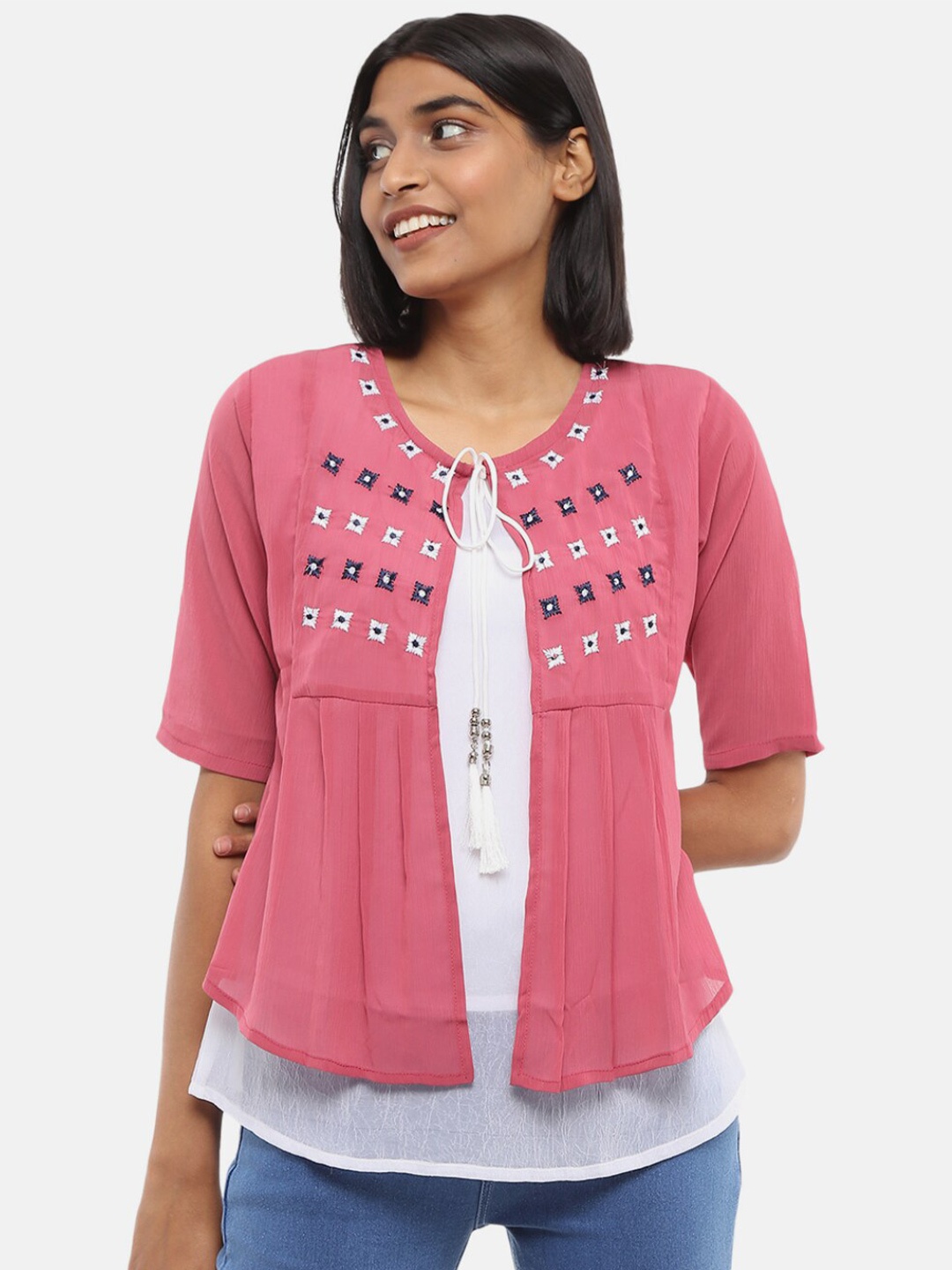 

V-Mart Women Western Self Design Pink Embroidered Tie Up Neck Top