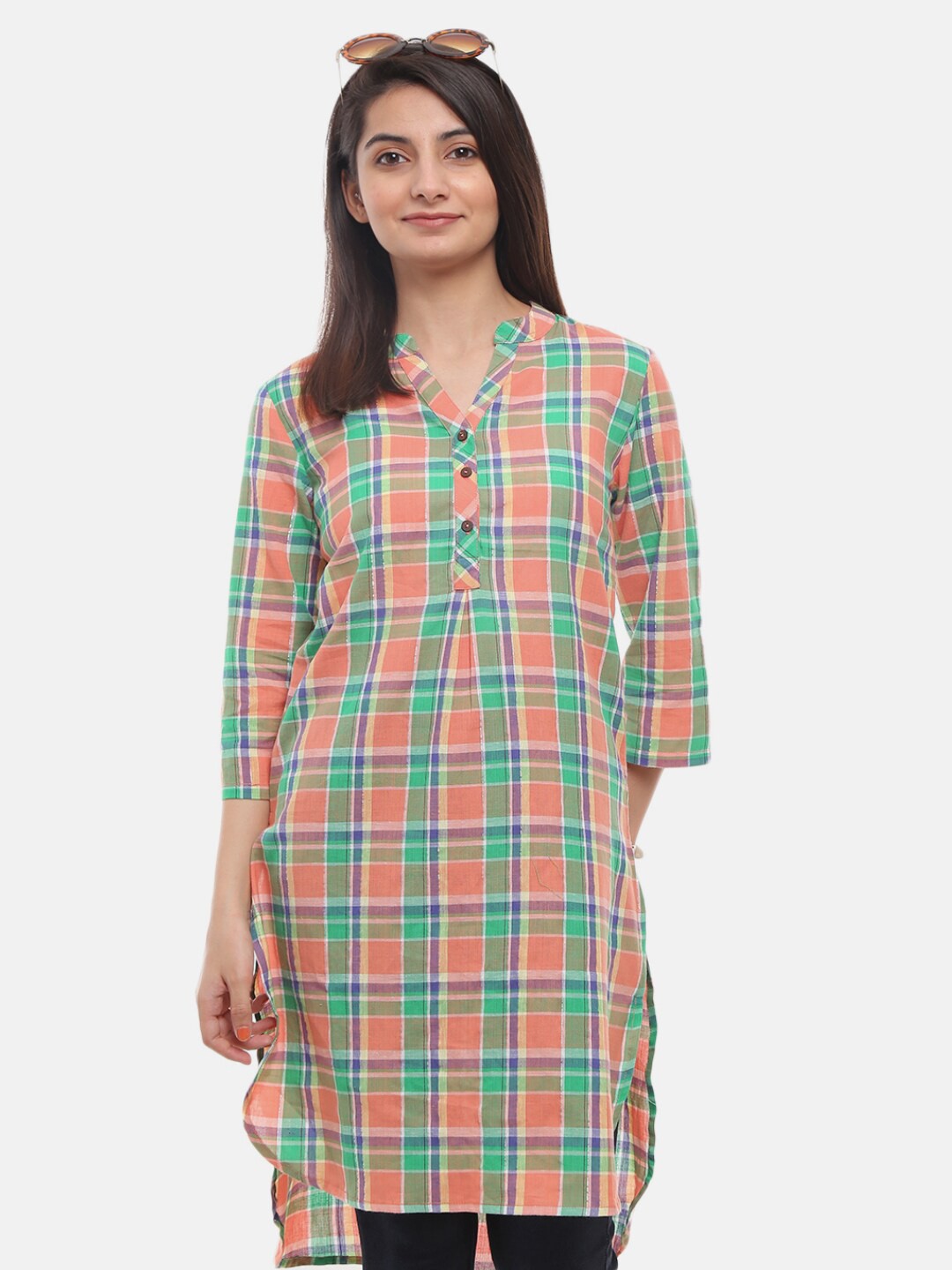 

V-Mart Women Multicoloured Checks Cambric Mandarin Collar Shirt Style High-Low Top, Multi