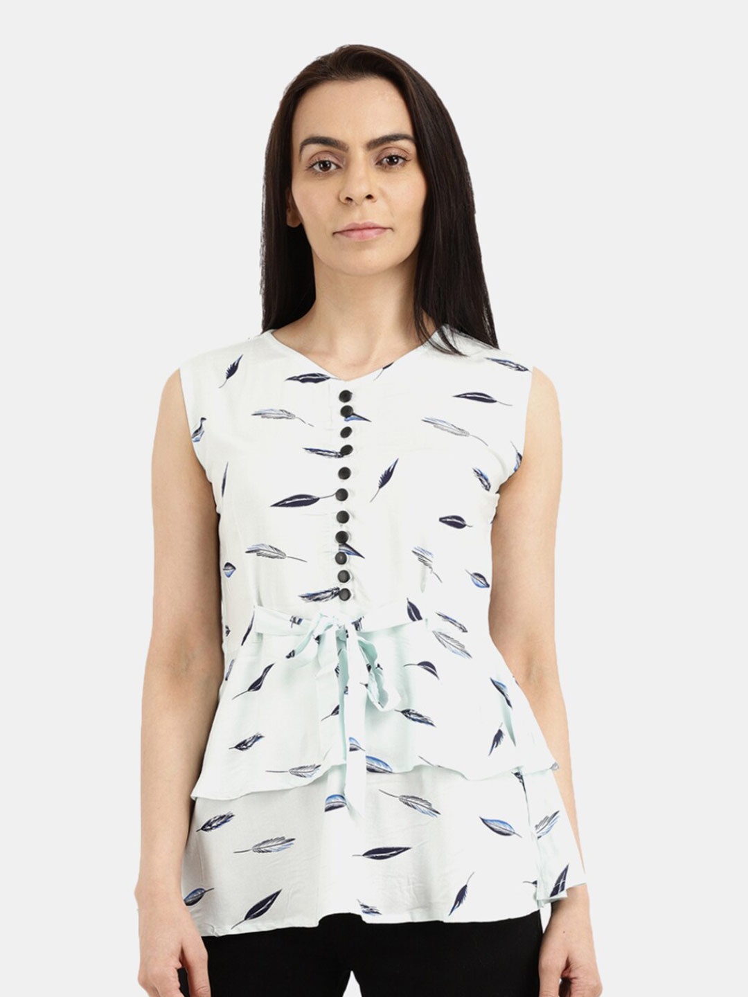 

V-Mart Women Western Light Blue Printed Round Neck Tiered Top