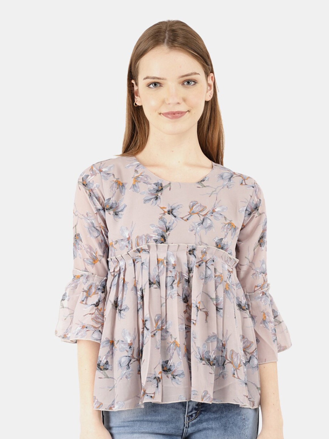 

V-Mart Women Western Grey Floral Print Round Neck A-Line Top
