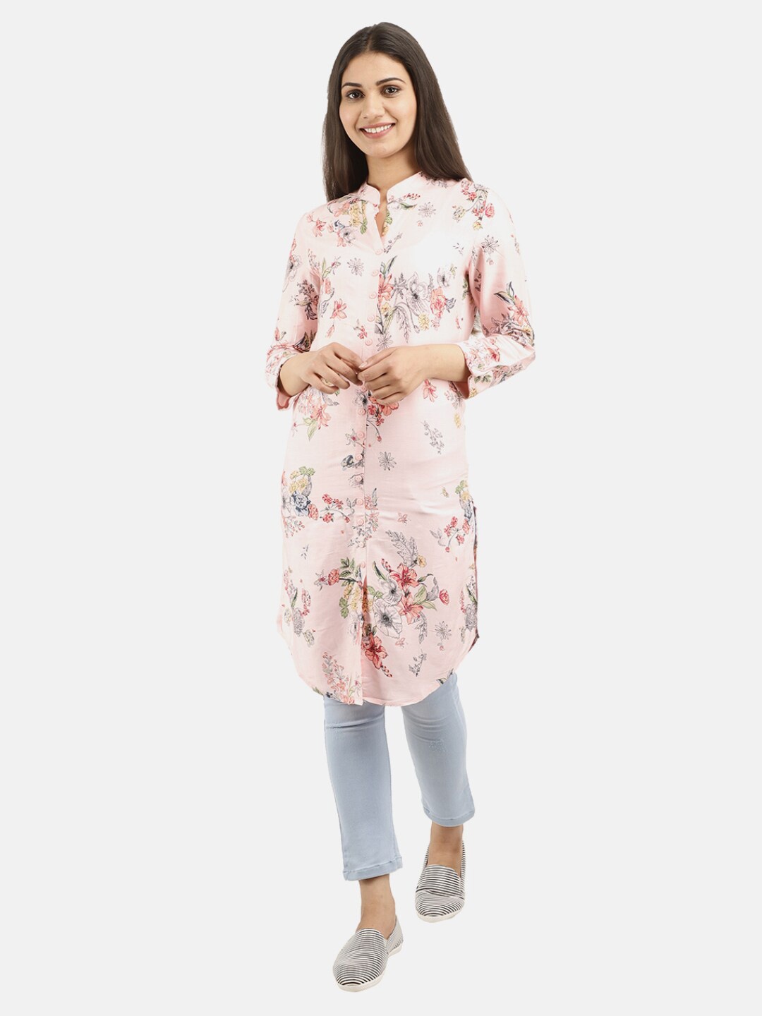 

V-Mart Women Western Peach-Coloured Floral Print Shirt Style Longline Top