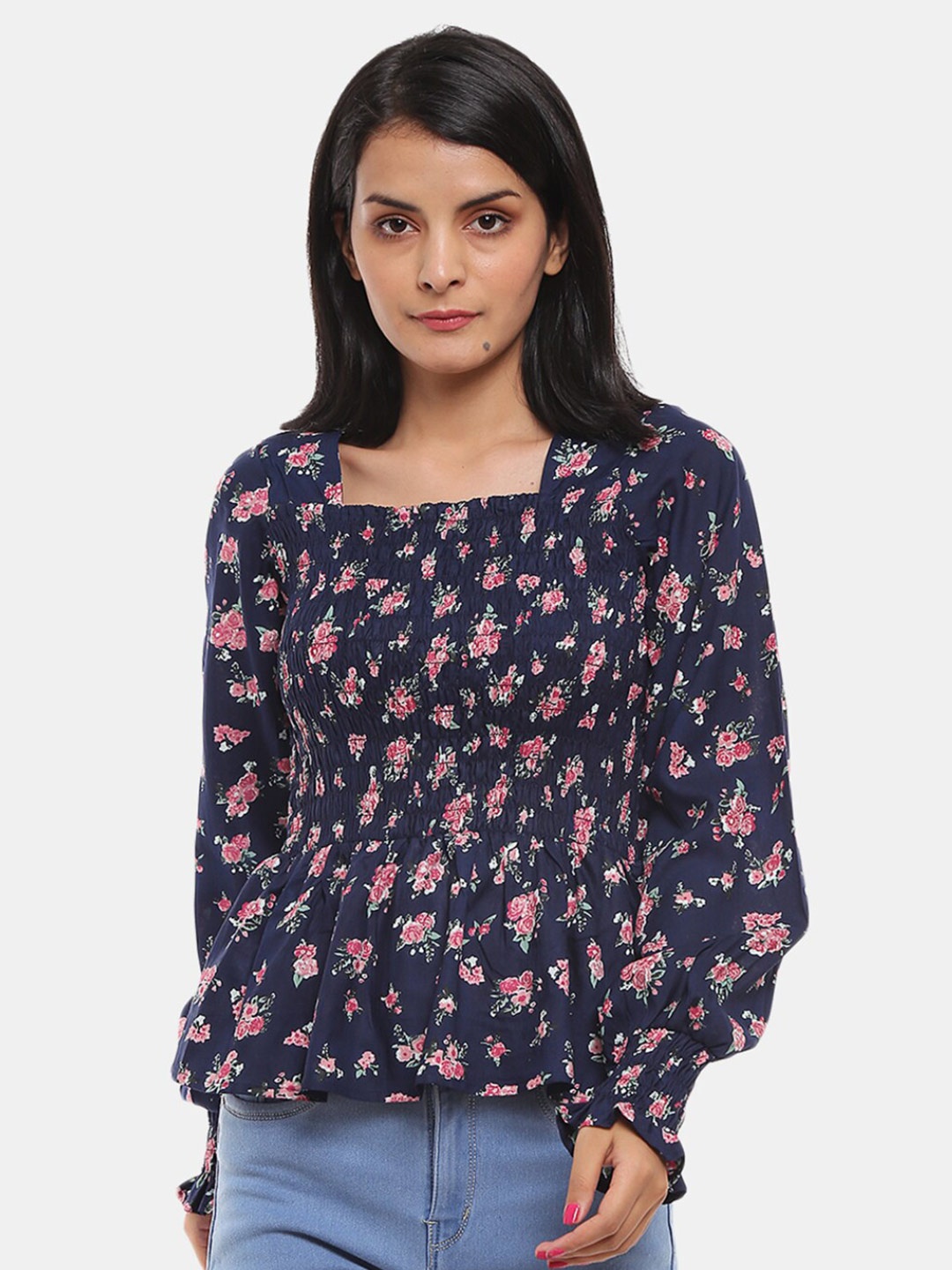 

V-Mart Women Western Navy Blue Floral Print Blouson Top