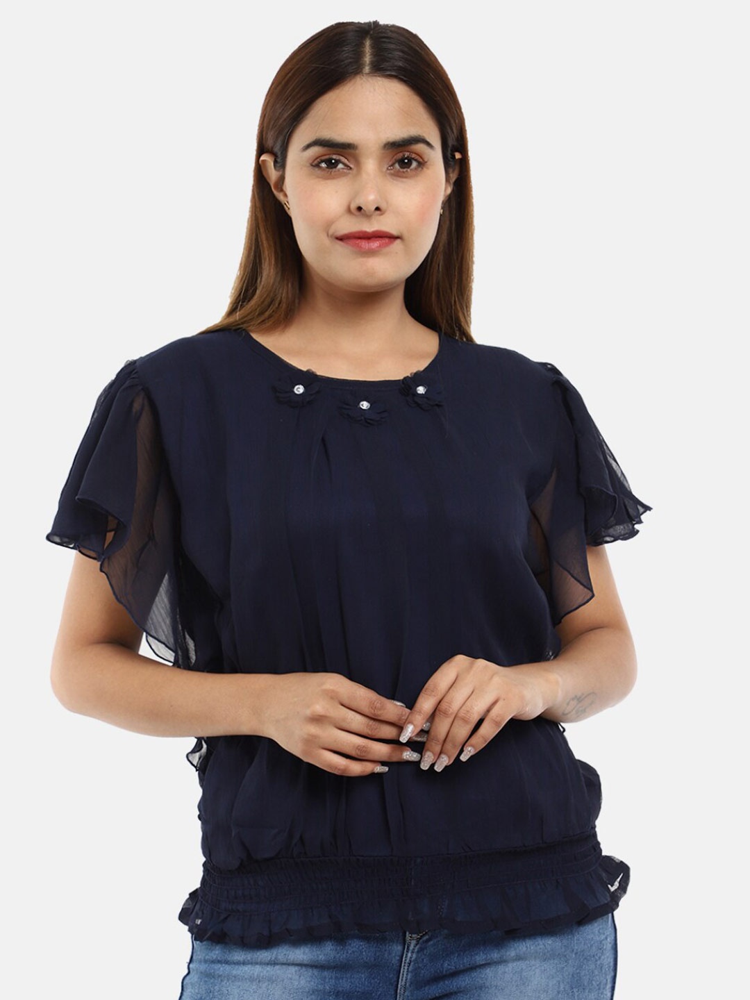 

V-Mart Women Western Solid Navy Blue Round Neck Flutter sleeves Top