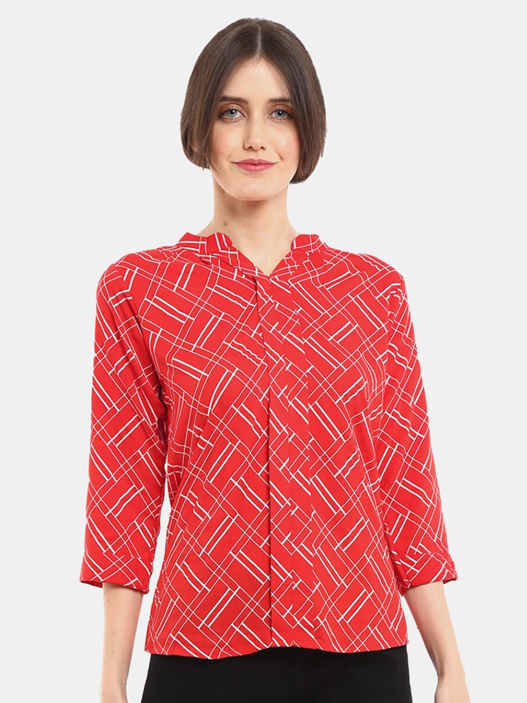 

V-Mart Women Western Red Geometric Print Mandarin Collar Top
