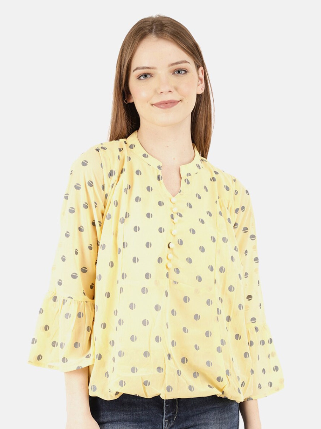 

V-Mart Women Western Yellow Print Mandarin Collar Blouson Top