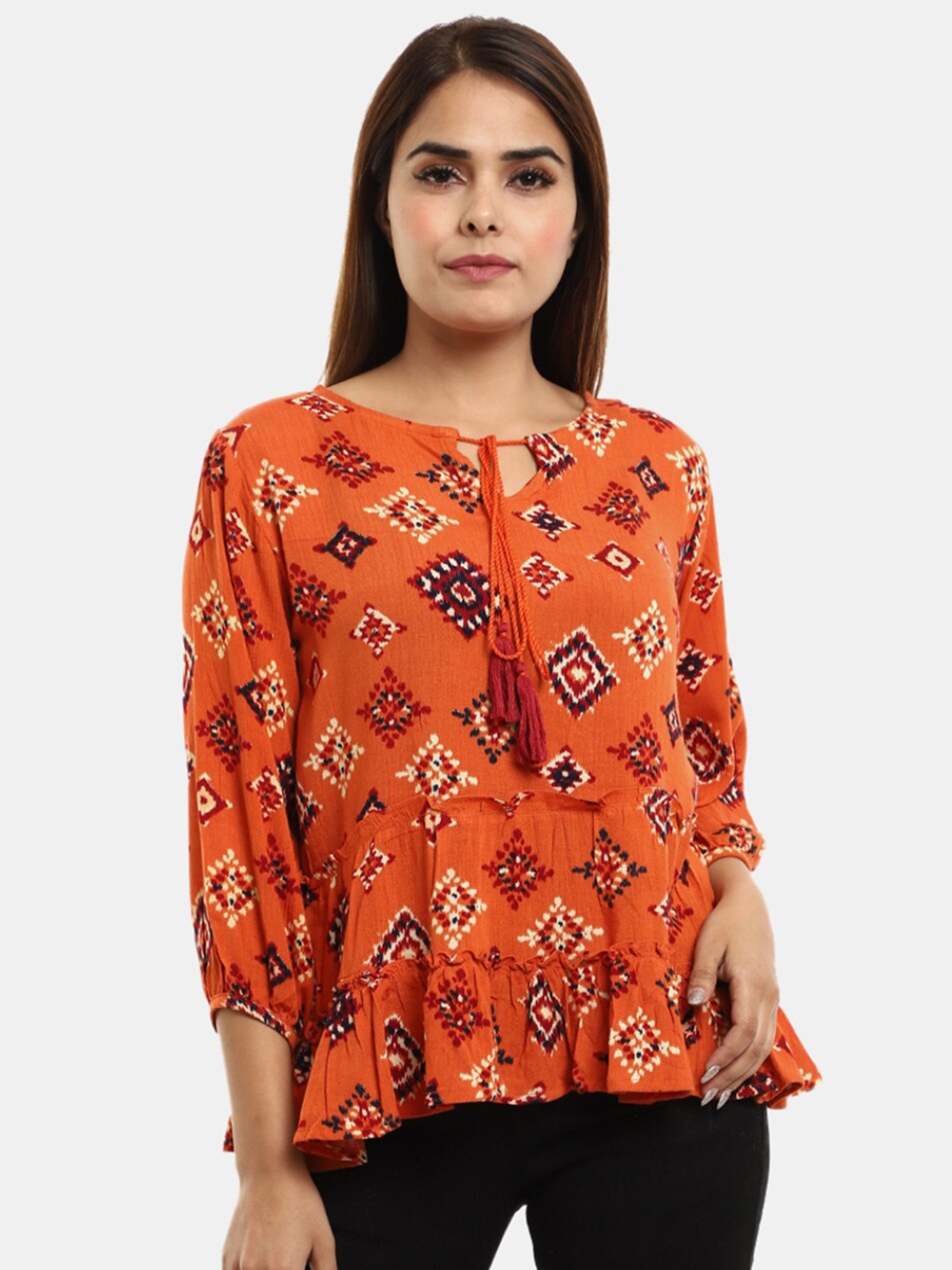 

V-Mart Women Western Orange Print Tie-Up Neck Top