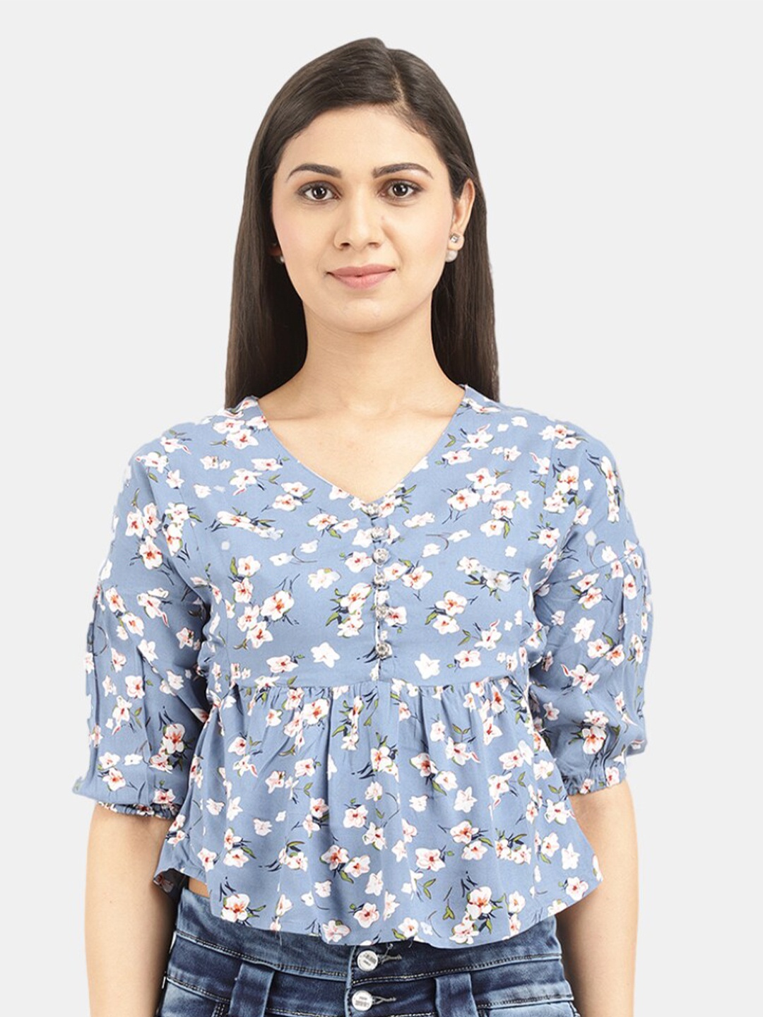 

V-Mart Women Western Blue Floral Print V Neck Crop Top