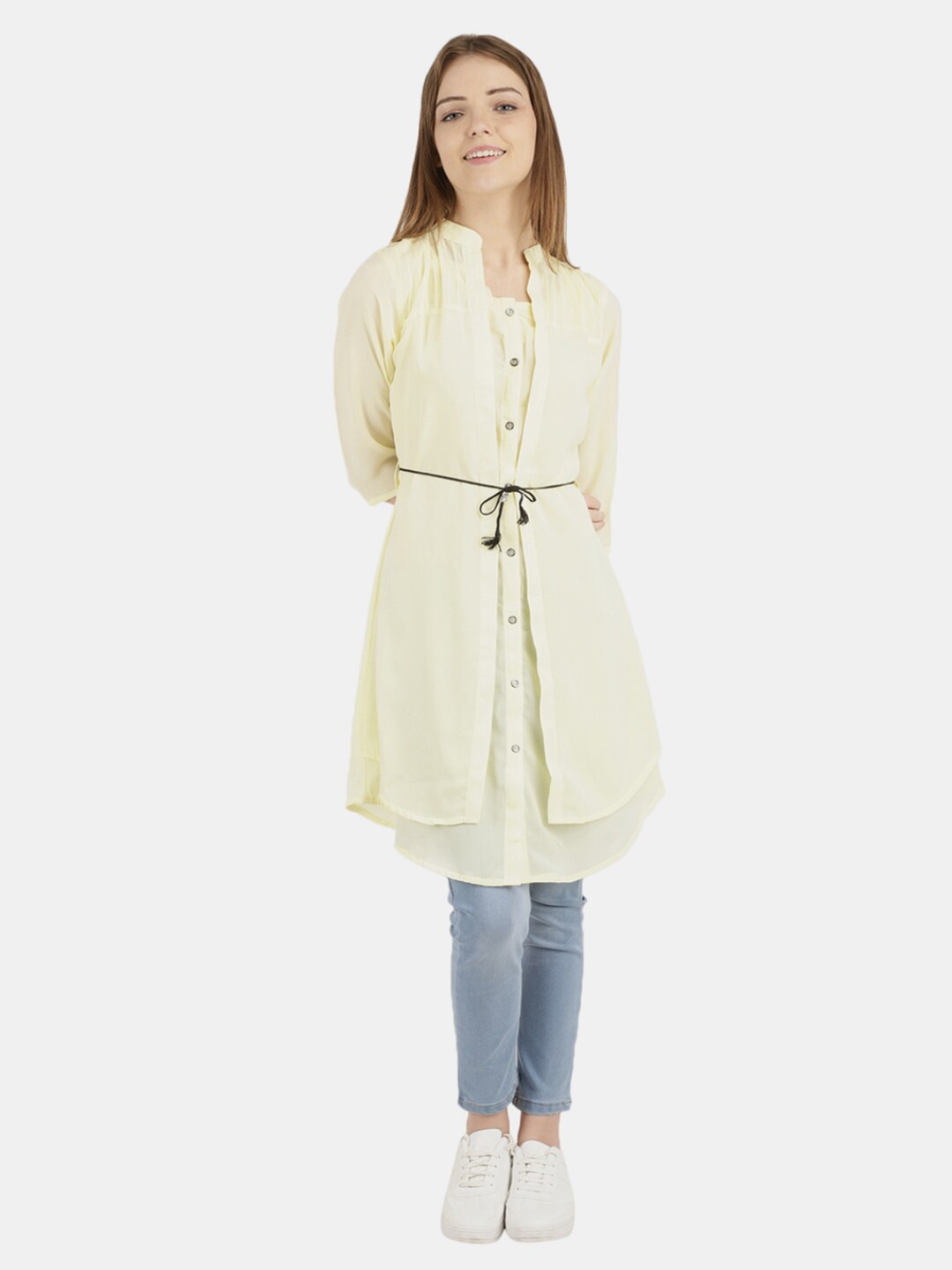 

V-Mart Women Western Solid Yellow Mandarin Collar Longline Top