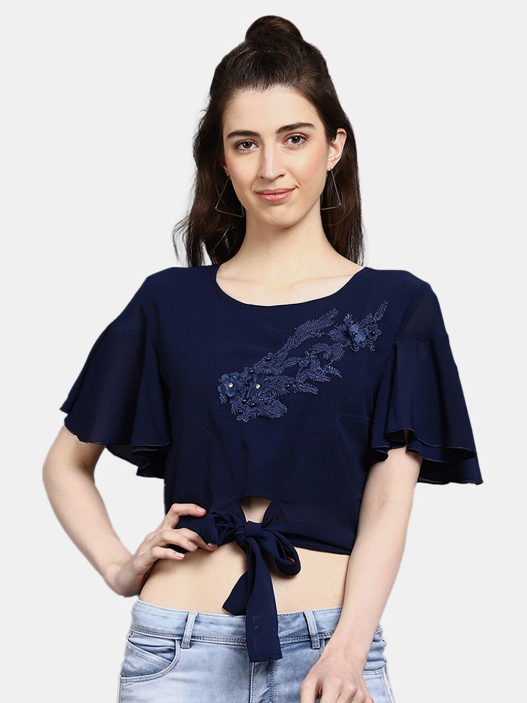 

V-Mart Women Western Solid Navy Blue Floral Embellished Crop Top
