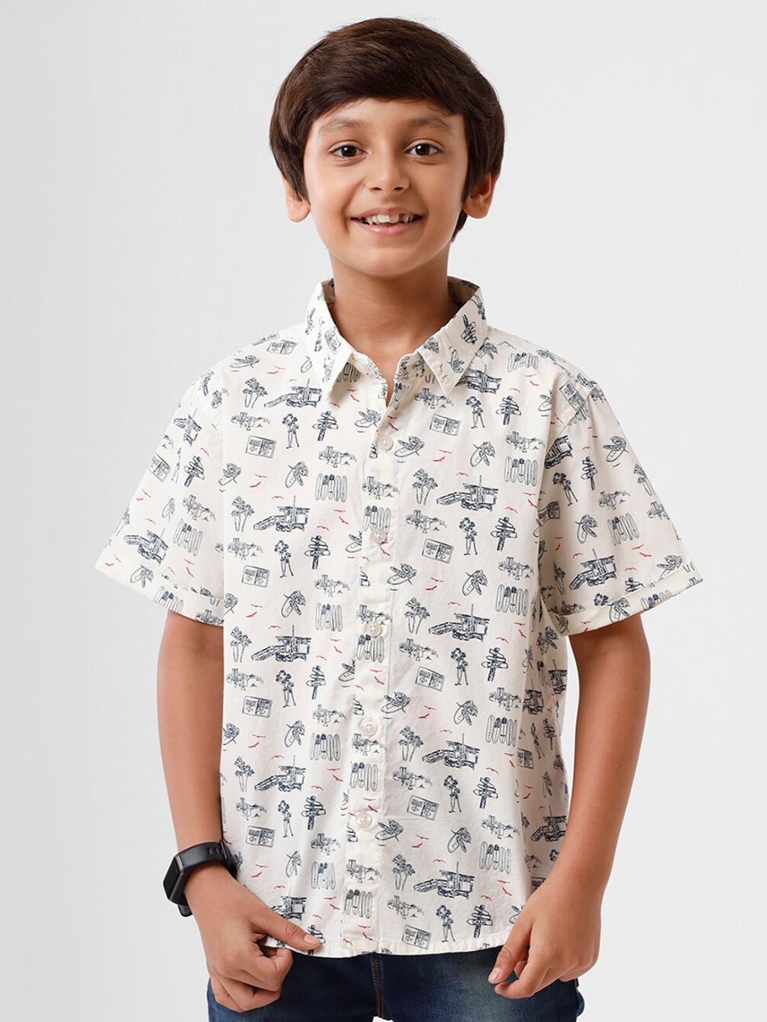 

PIPIN Kids Boys Mint White Conversational Semi Sheer Printed Casual Shirt