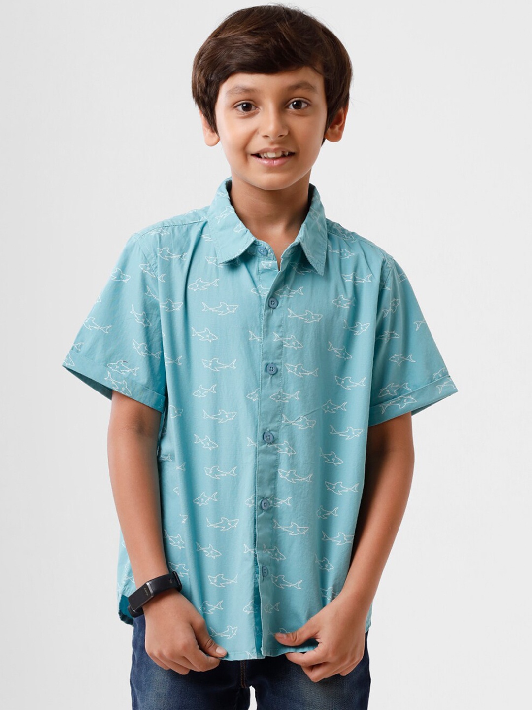 

PIPIN Kids Boys Aqua Blue Semi Sheer Conversational Printed Casual Shirt