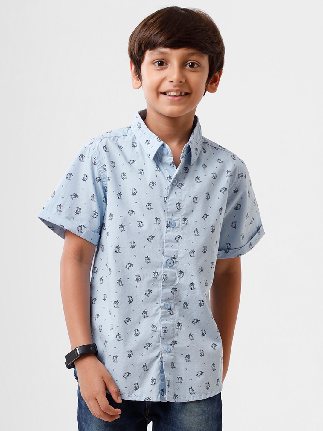 

PIPIN Kids Boys Sky Blue Semi Sheer Conversatinal Printed Casual Shirt