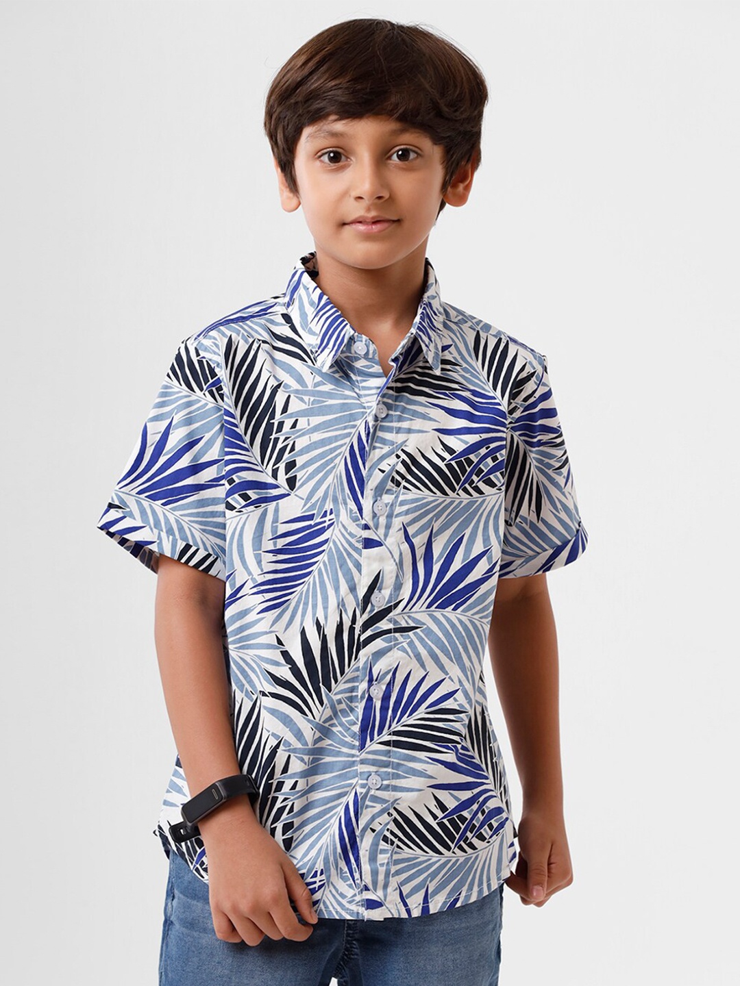 

PIPIN Teen Boys Mint White Tropical Semi Sheer Printed Casual Shirt