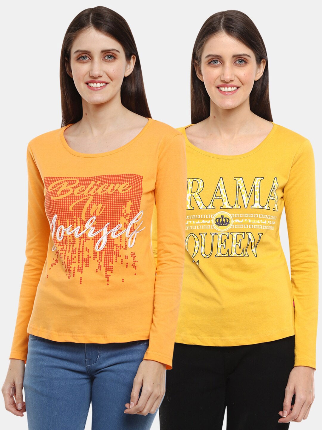 

V-Mart Women Western Pack of 2 Orange, Yellow Printed Single Jersey Round Neck Top