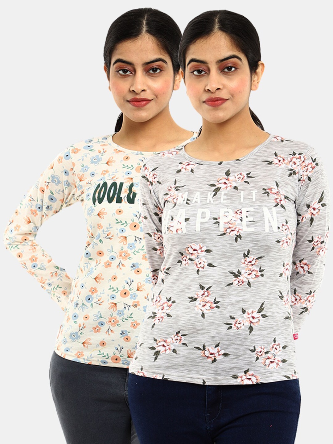 

V-Mart Women Western Pack of 2 Grey, Cream Floral Printed Single Jersey Round Neck Top