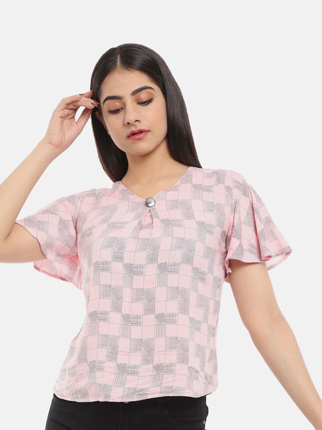 

V-Mart Women Western pink Printed Rayon V Neck Top