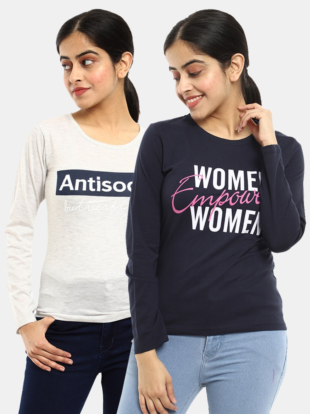 

V-Mart Women Western Pack of 2 Ecru Melange, Navy Printed Single Jersey Round Neck Top, Navy blue