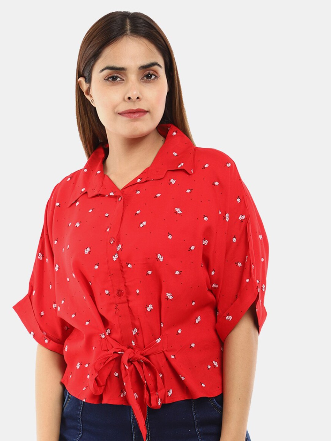 

V-Mart Women Red Floral Print Extended Sleeves Shirt Style Top