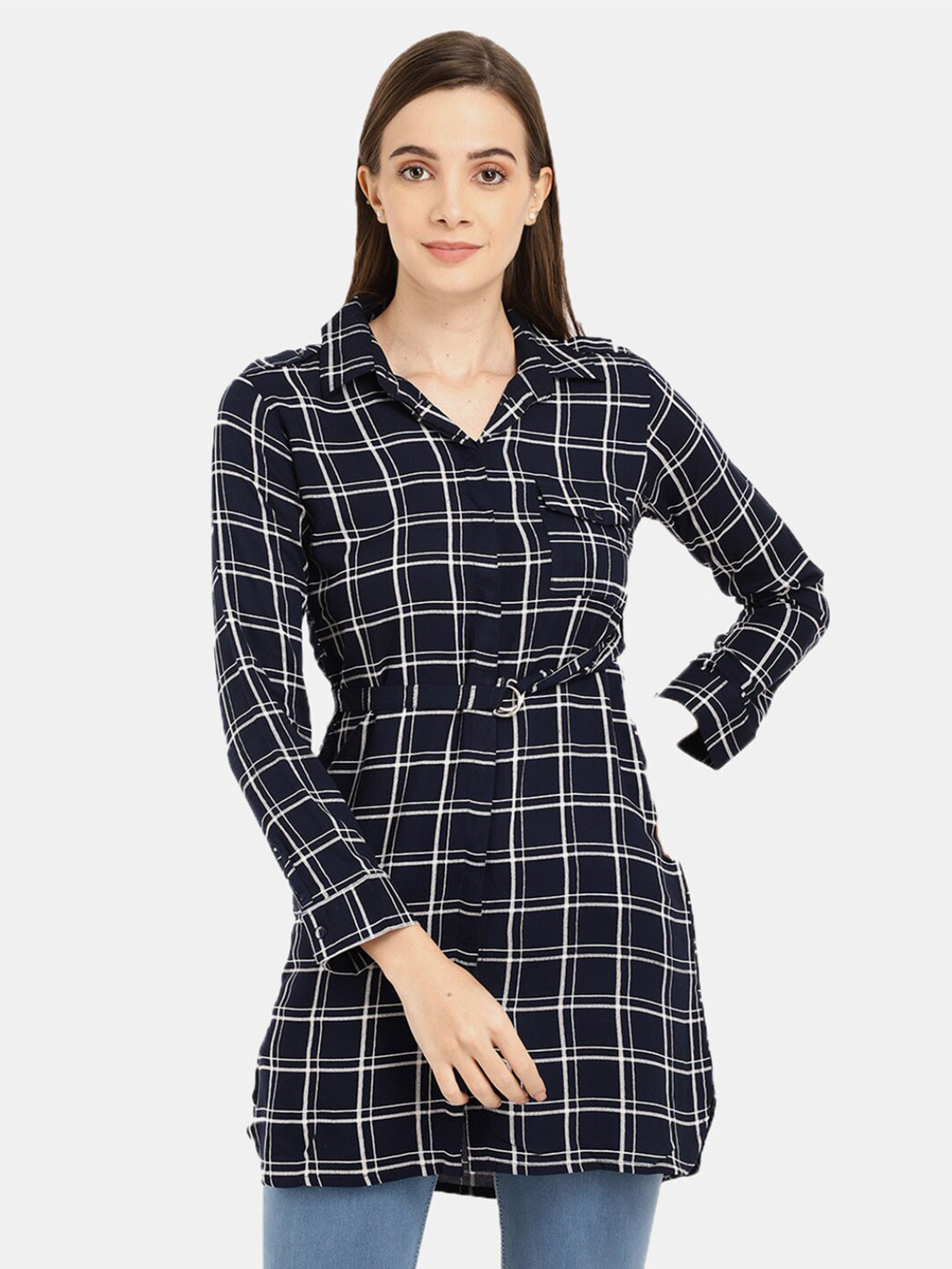 

V-Mart Women Western Navy Blue Checked Longline Shirt Collar Top with Pocket