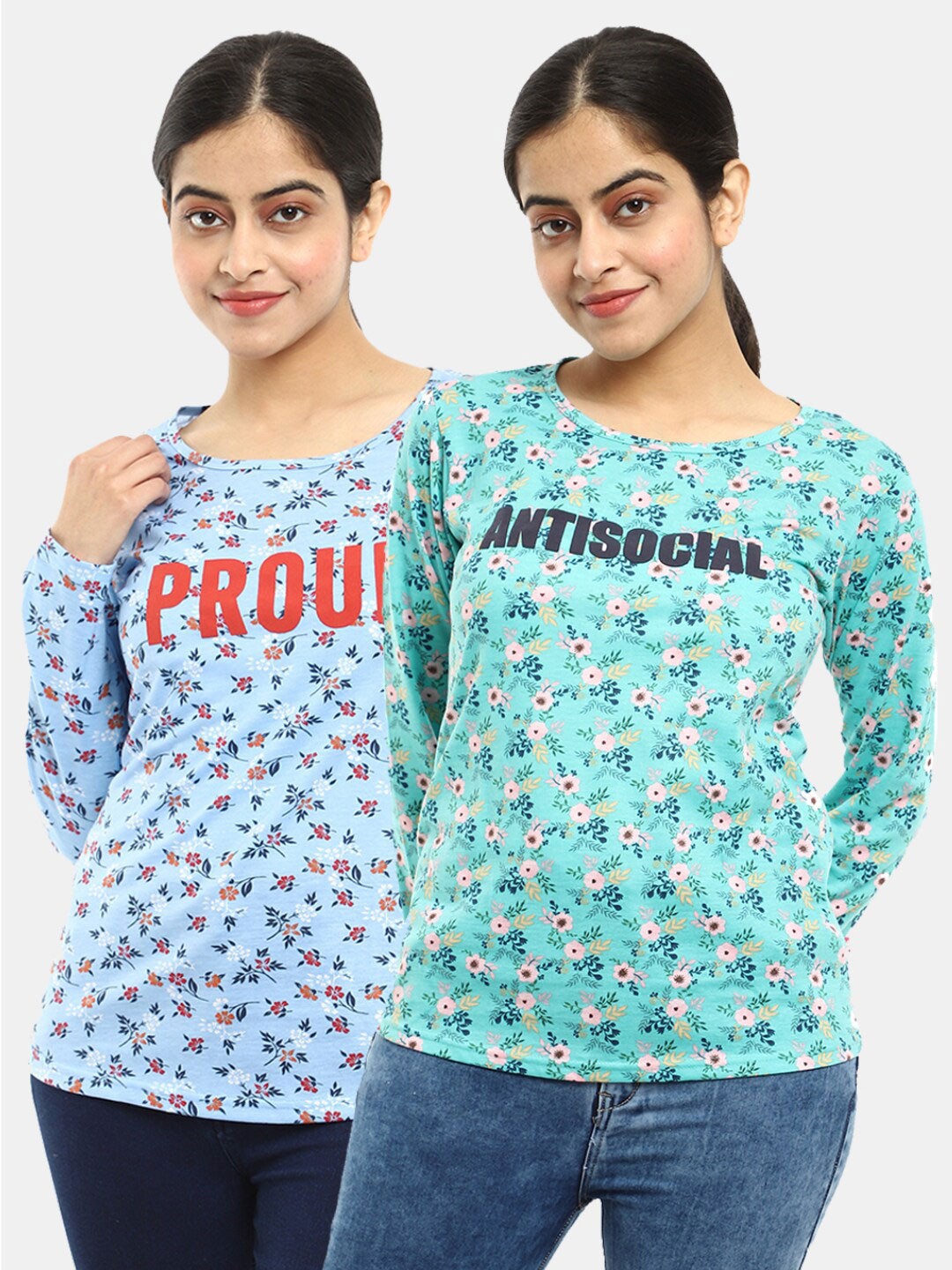 

V-Mart Women Western Pack of 2 Blue, Green Printed Single Jersey Round Neck Top