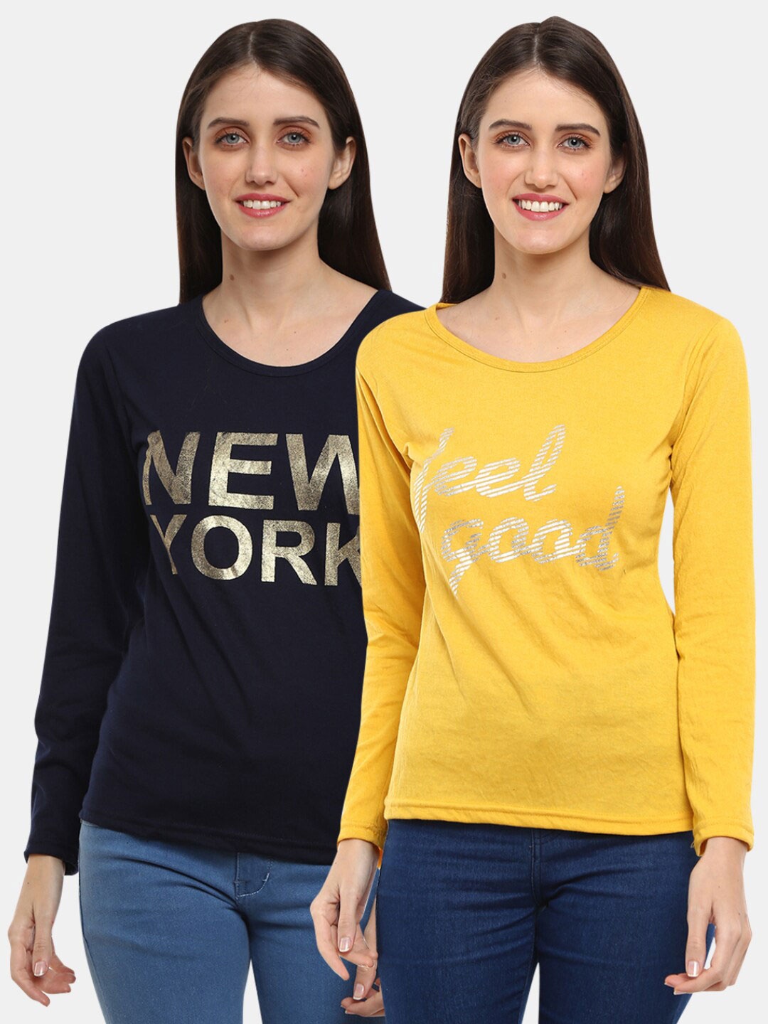 

V-Mart Women Western Pack of 2 Navy, Yellow Printed Single Jersey Round Neck Top