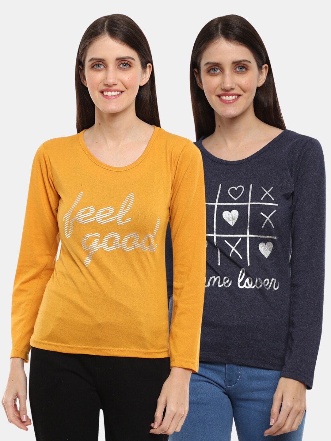 

V-Mart Women Western Pack of 2 Navy, Mustard Printed Single Jersey Round Neck Top