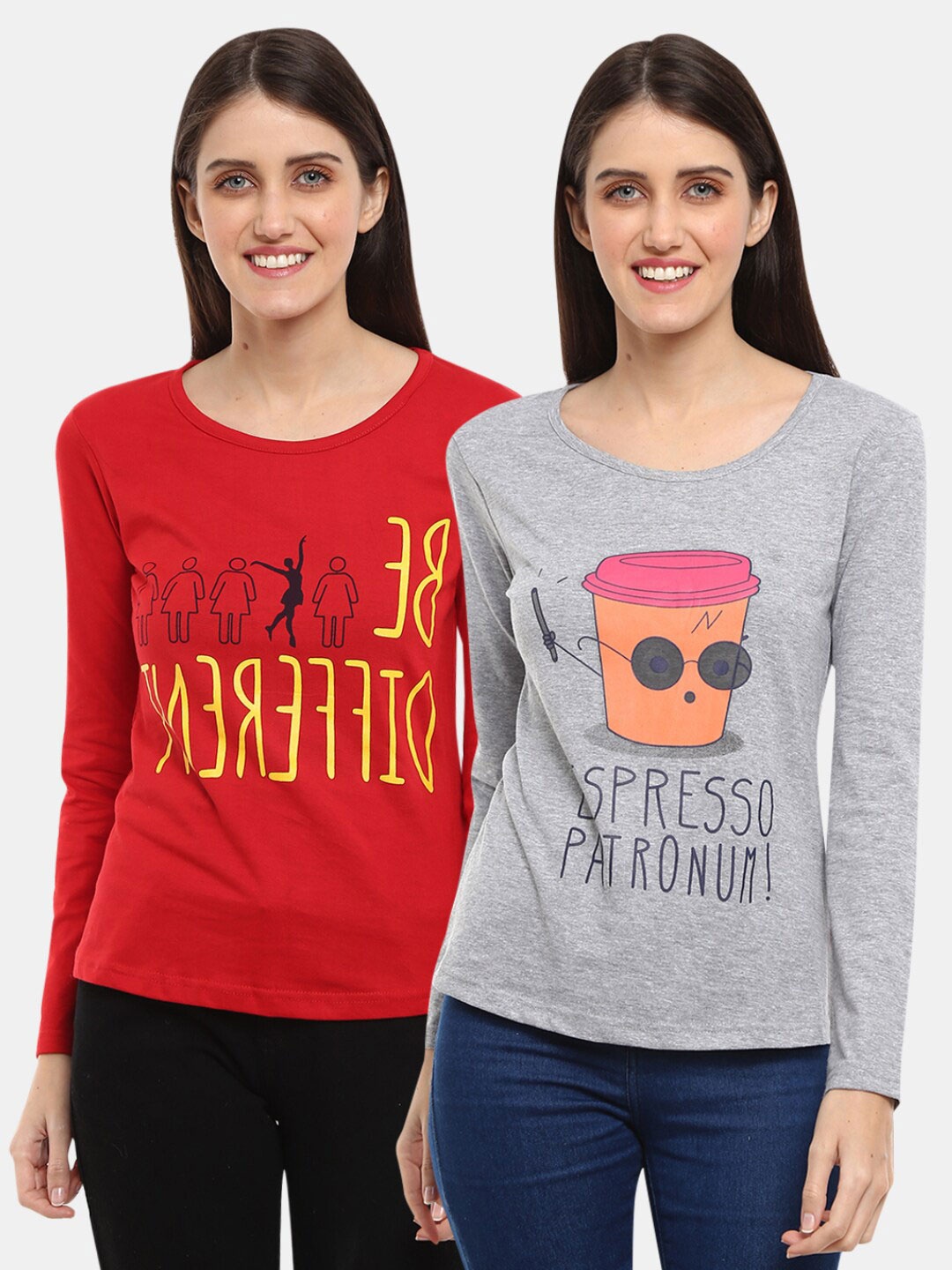 

V-Mart Women Western Pack of 2 Grey, Red Printed Single Jersey Round Neck Red Top