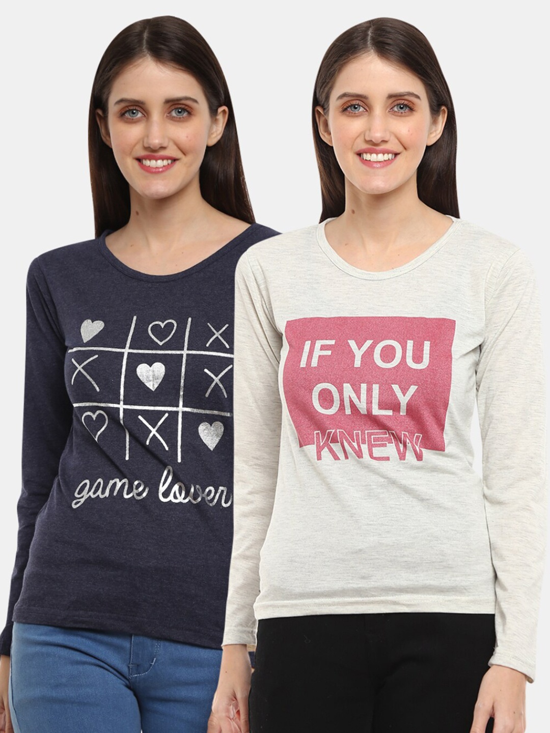 

V-Mart Women Western Printed Pack of 2 Navy, Ecru Jersey Round Neck Top, Beige