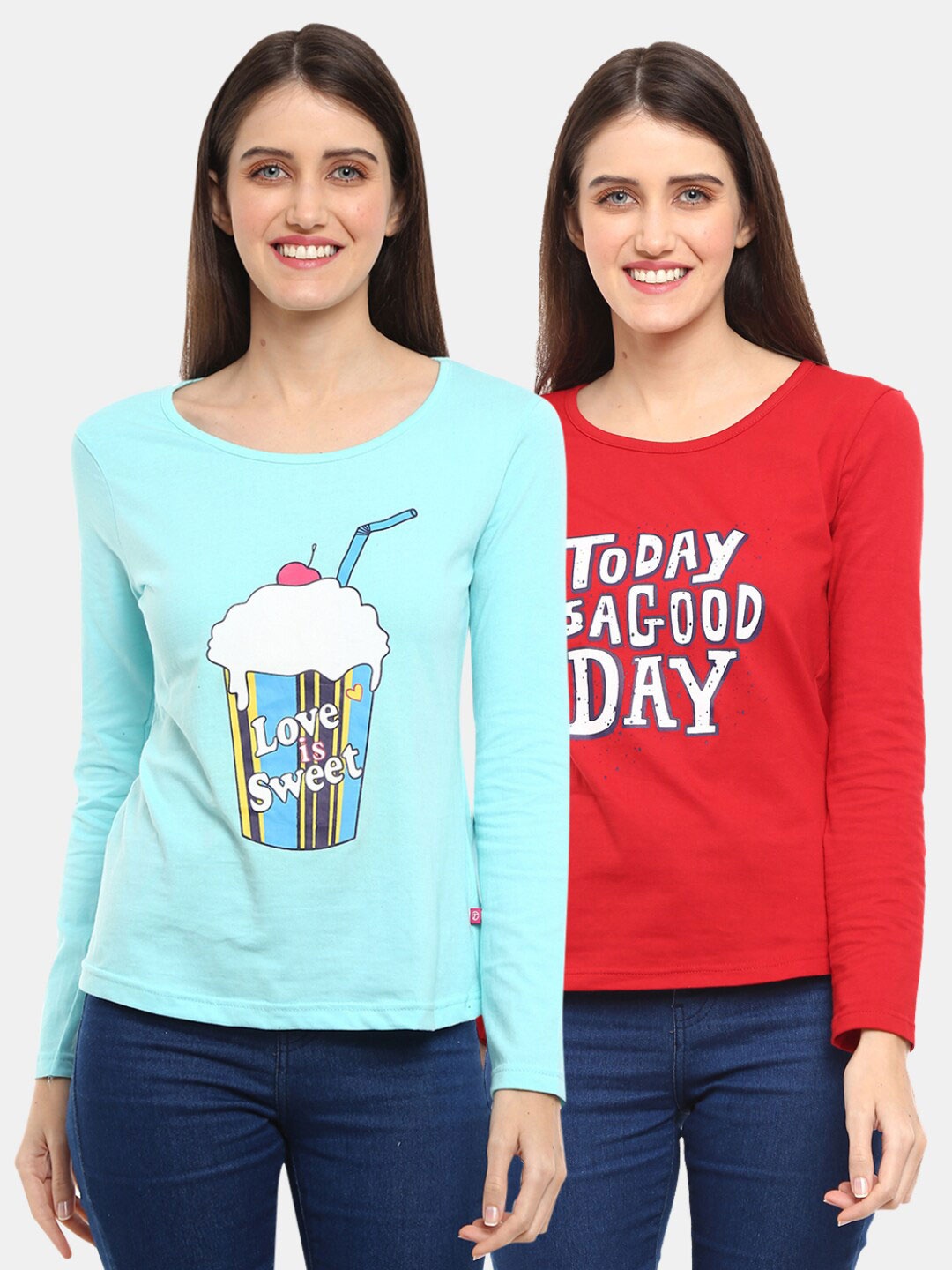 

V-Mart Women Western Pack of 2 Red, Aqua Printed Single Jersey Round Neck Top, Blue