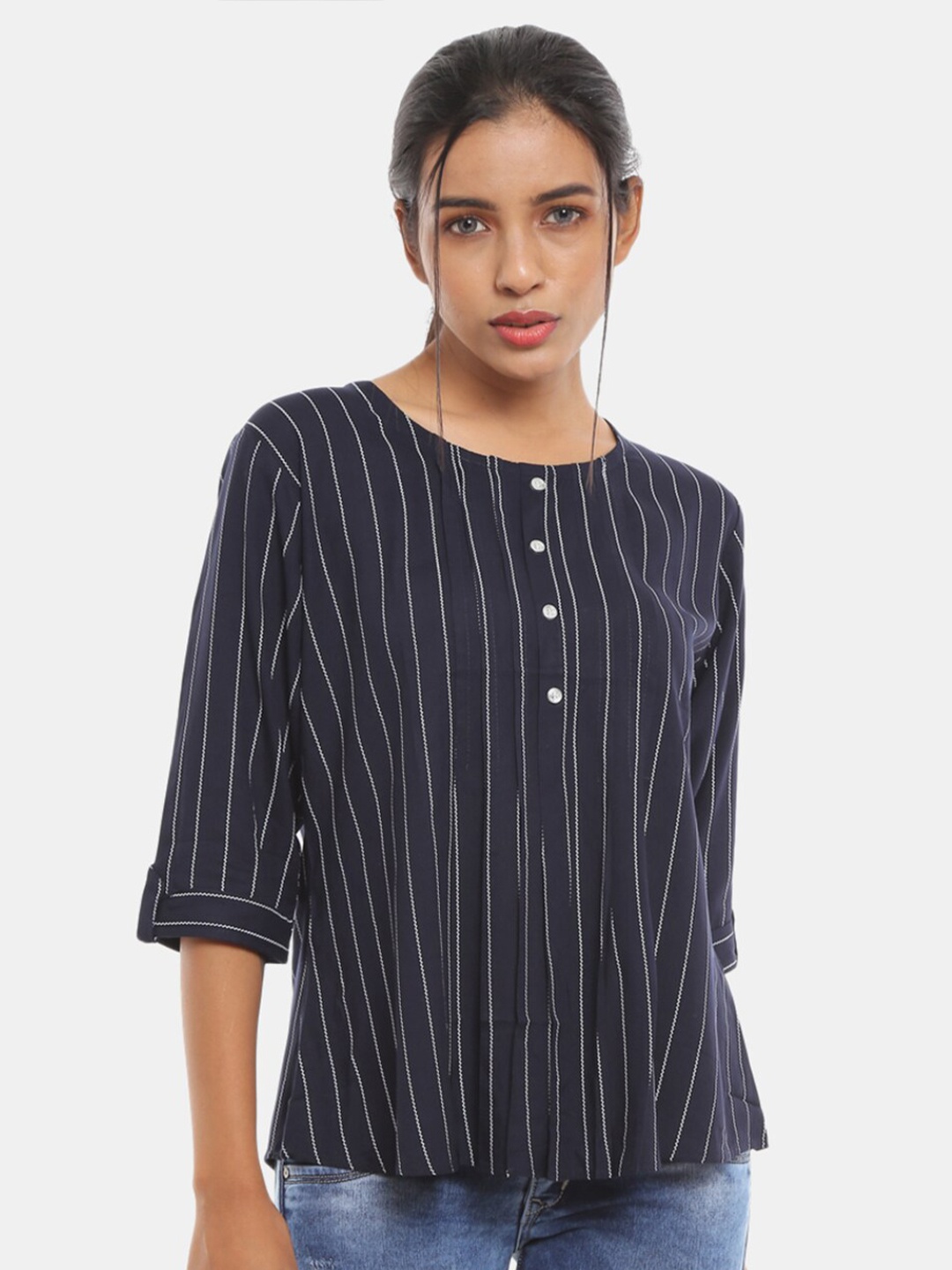 

V-Mart Women Western Stripes Rayon Navy Blue Striped Roll-Up Sleeves Top